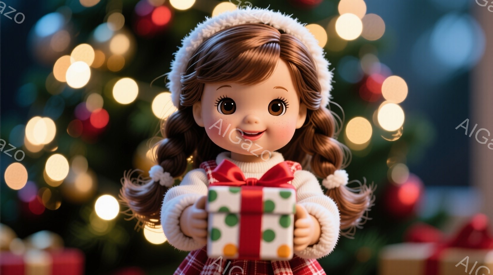 金髪の巻き毛に赤い帽子をかぶった幼い女の子が、両手で緑色の水玉模様のプレゼントの箱を抱えています。彼女は赤いチェック柄のドレスと白い袖付きの服を着ており、明るい笑顔で正面を見ています。背景にはぼやけたクリスマスツリーとキラキラと輝く電飾が散りばめられており、温かく幸せなクリスマスの雰囲気を醸し出しています。