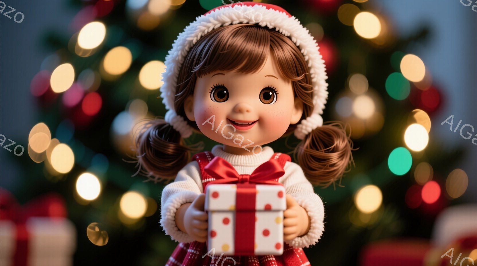 明るい笑顔の少女が、赤い水玉模様のプレゼントボックスを両手で抱えています。茶色の巻き毛はサイドでポニーテールにし、赤いチェック柄のワンピースと白いセーター、そして赤い帽子を着用しています。背景にはぼやけたクリスマスツリーのライトが輝き、温かくお祝いの雰囲気を醸し出しています。
