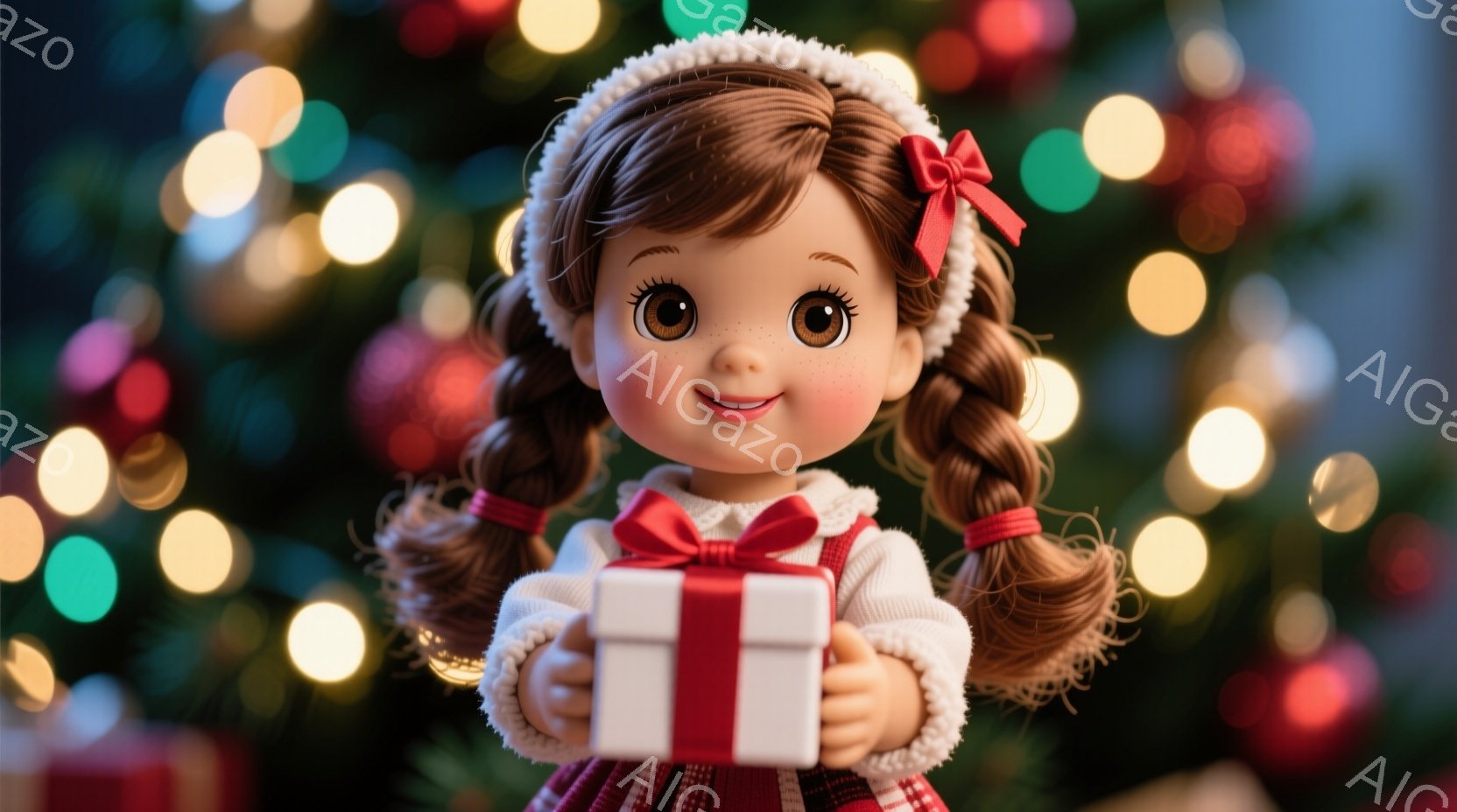 茶髪を二つに結んだ少女が、赤いリボンと白い帽子を身に着けています。彼女は赤いギンガムチェックのドレスを着て、両手に白い包装されたプレゼントを持っています。背景にはぼやけたクリスマスツリーの光が輝き、温かくお祝いの雰囲気を醸し出しています。