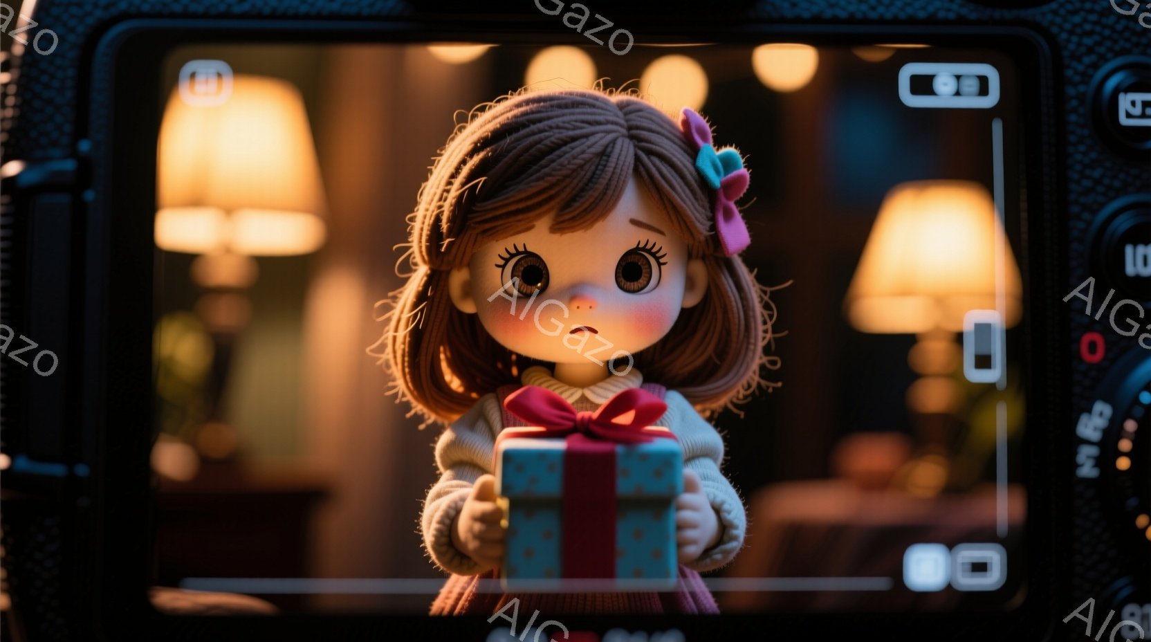 茶色の巻き毛にピンクのリボンを付けた少女が、水色のリボンで結ばれたプレゼントを抱えている様子を捉えたものです。少女は少し不安そうな表情をしており、背景にはぼんやりと暖色の照明が灯る室内が映っています。全体的に、温かく、どこか懐かしい雰囲気が漂っています。