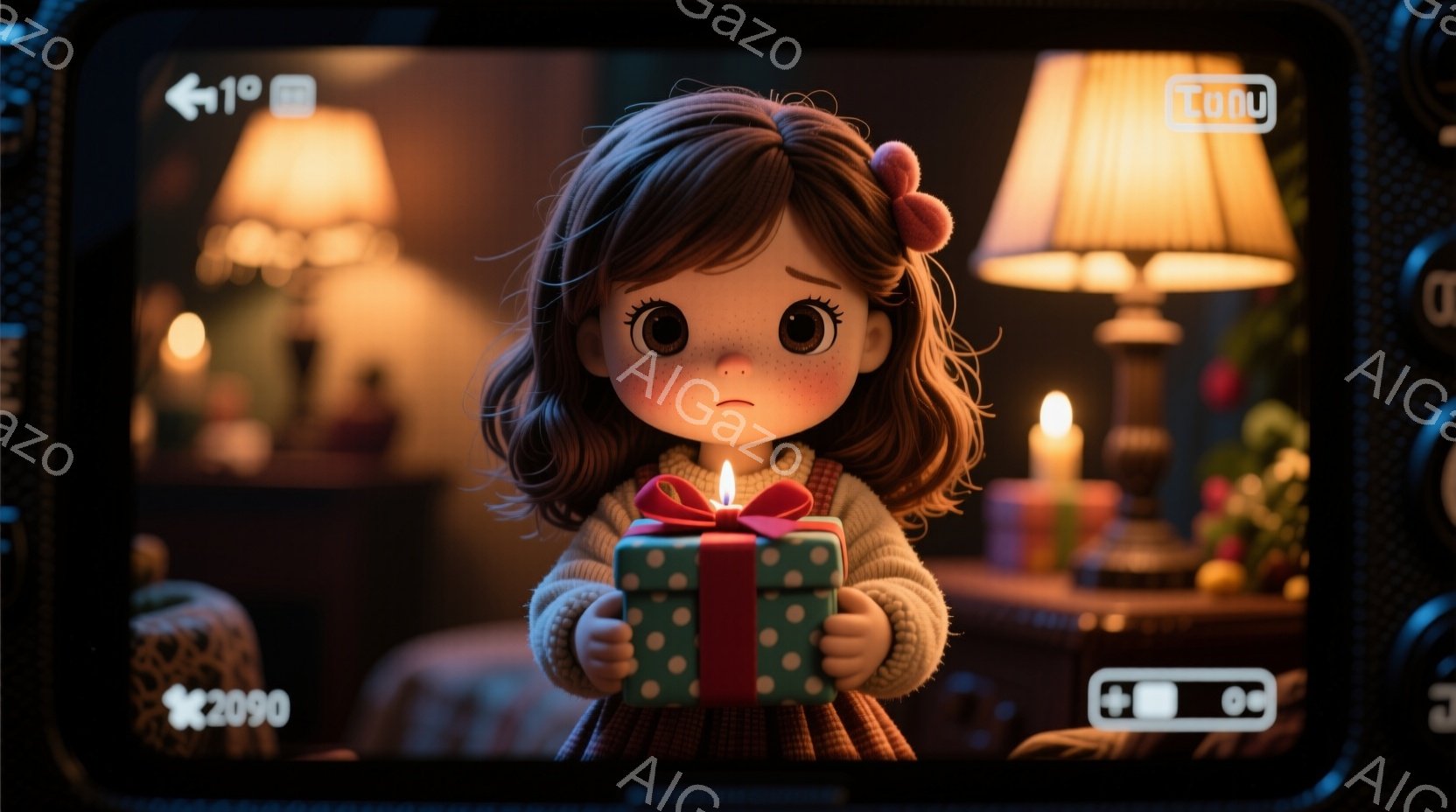 小さな女の子が、緑色のリボンで結ばれたプレゼントを両手で抱えています。彼女はカールした茶色の髪をしており、ベージュのセーターと茶色のスカートを着ています。背景には、暖かく光るランプやクリスマスツリーが見え、全体的に温かく優しい雰囲気が漂っています。