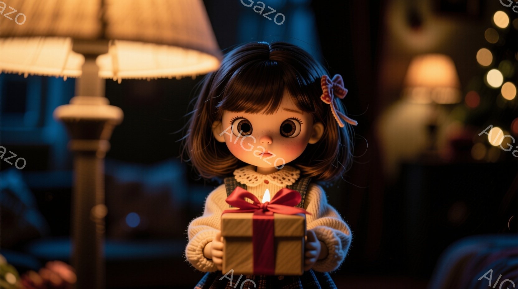 茶色のカールした髪にピンクのリボンをつけた少女が、リボンで結ばれた小さなギフトボックスを両手で抱えています。彼女は大きな瞳で少し緊張した表情を浮かべ、セーターとチェックのドレスを着ています。背景にはぼやけたクリスマスツリーと暖色の照明があり、温かく、お祝いの雰囲気を醸し出しています。