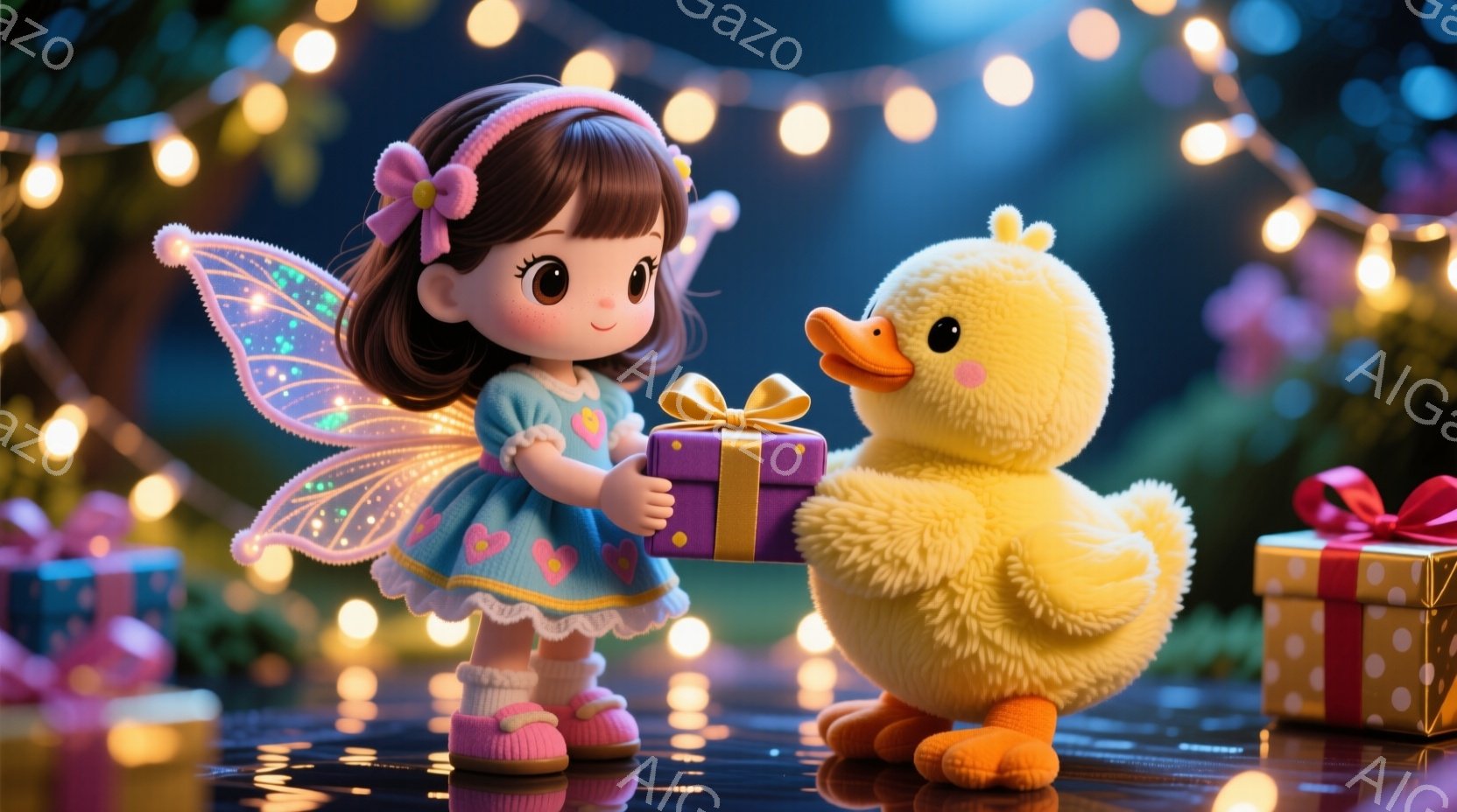 少女はピンク色のヘッドバンドで髪を結い、水色のセーターとピンクのスカートを着ています。彼女は紫色のリボンがついた紫色のプレゼントボックスを抱え、黄色いアヒルのぬいぐるみにお祝いのプレゼントを渡そうとしています。背景には、ぼやけた光のストリングライトと、さらにプレゼントボックスがあり、お祝いと喜びの温かい雰囲気を醸し出しています。