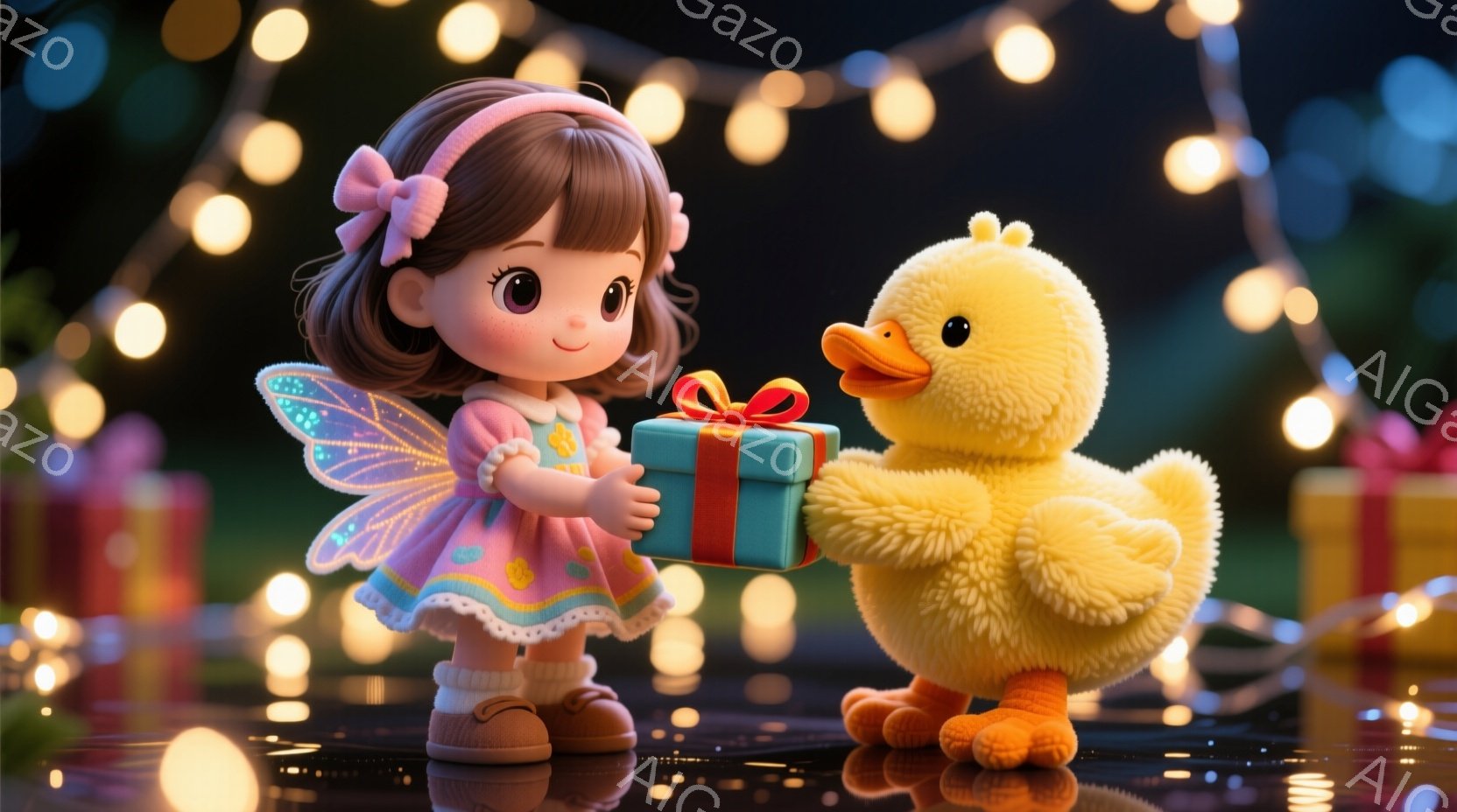 可愛らしい女の子が、翼とフリルが付いたピンク色のドレスを着ています。彼女は緑色のリボンを髪につけ、プレゼントの箱を黄色いアヒルのぬいぐるみにお届けしようとしています。背景にはぼやけた光のストリングライトと、他のプレゼントの箱が見え、全体的に暖かく、お祝いの雰囲気が漂っています。