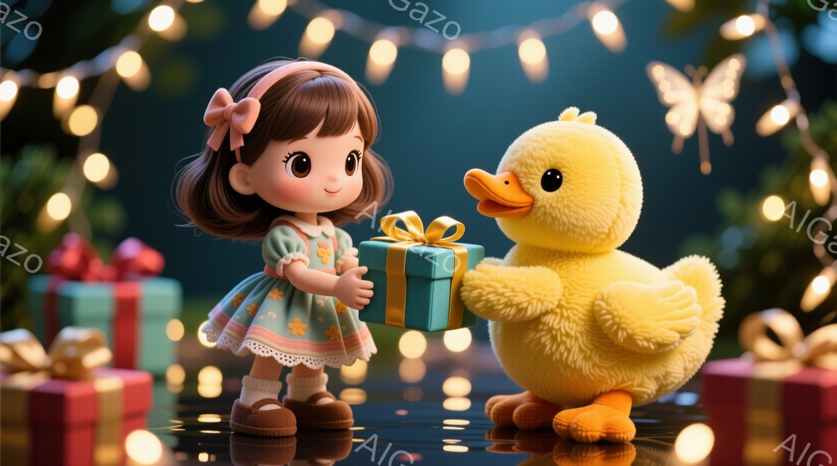 小さな女の子は、淡い緑色のドレスに、ピンクのリボンをつけています。彼女は、ターコイズブルーのリボンで結ばれた小さなギフトボックスを、ふわふわの黄色いアヒルのぬいぐるみにお届けしようとしています。背景には、キラキラと光る電球と、様々な色のギフトボックスがあり、お祝いの雰囲気を醸し出しています。