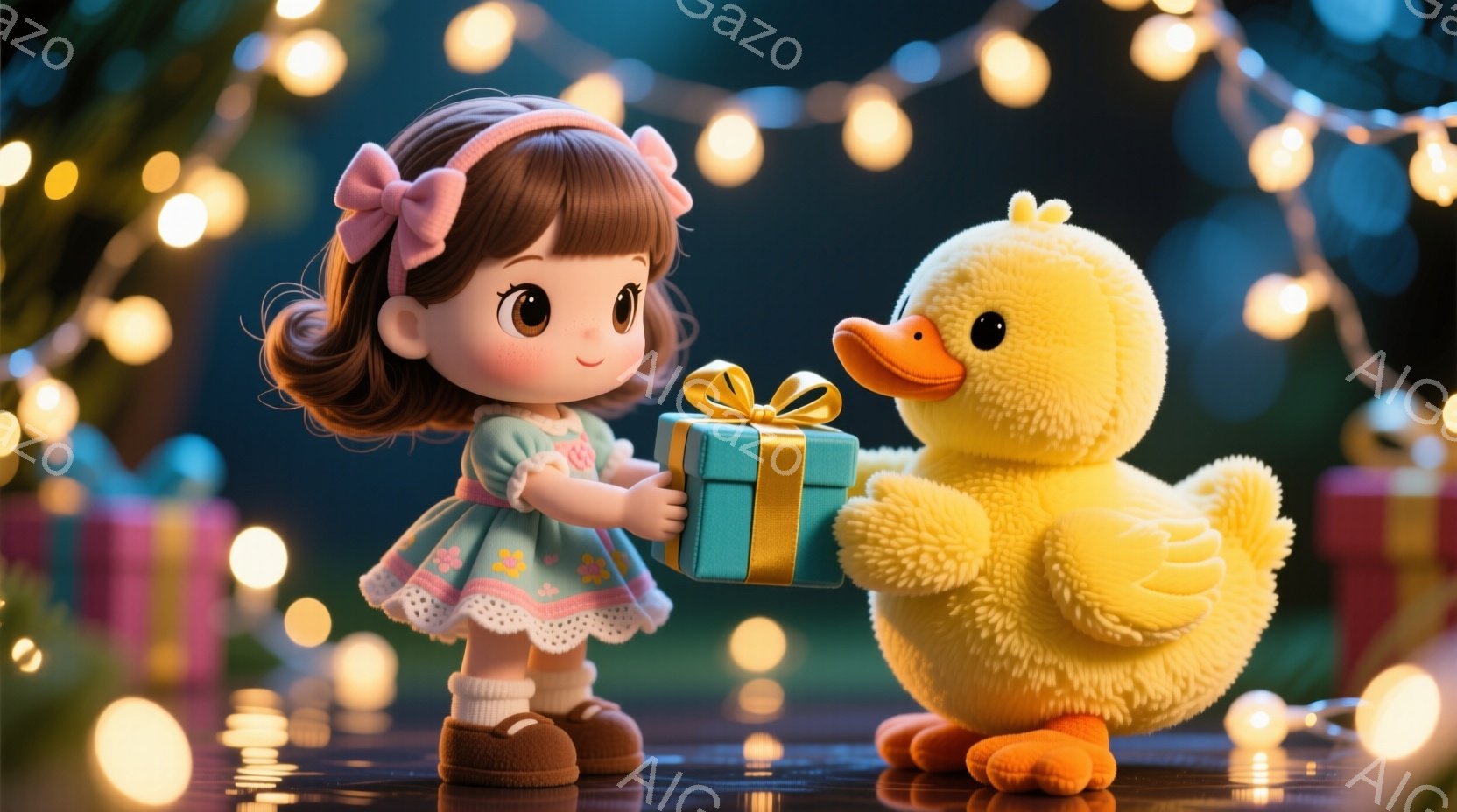 可愛らしい女の子が、水色のプレゼントをふわふわの黄色いアヒルのぬいぐるみへ渡そうとしています。女の子は淡い緑色の花柄のワンピースを着ており、茶色の靴を履いています。背景にはぼやけた光のストリングライトが飾られており、全体的に温かく、お祝いムードに満ちた雰囲気です。