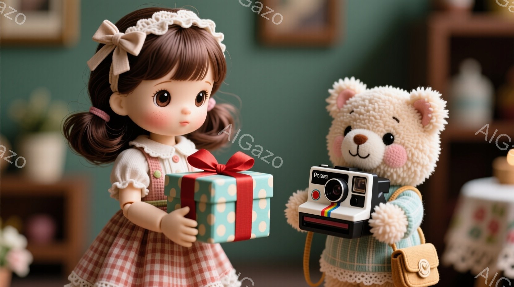 茶色の巻き毛の女の子は、赤いチェック柄のワンピースと白いレースのヘアバンドを着ています。彼女はターコイズブルーのリボンで結ばれたプレゼントボックスを抱えています。背景には、木製のミニチュアの建物や小さ - AI生成フリー素材