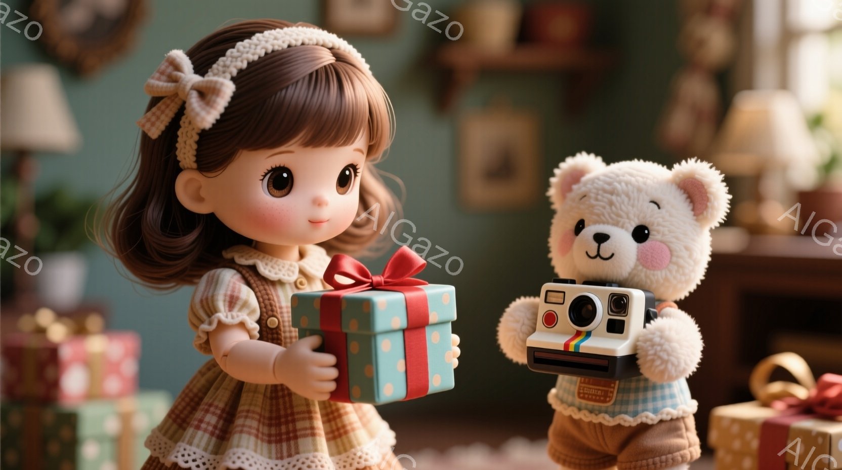 プレゼントの箱を持っている人形と、ポラロイドカメラを持っているテディベアが写っています。人形はカールした茶色の髪で、頭にはリボンをつけており、明るい笑顔を浮かべています。背景には、緑色の壁と、他のプレゼントの箱が散らばっており、暖かくお祝いの雰囲気です。
