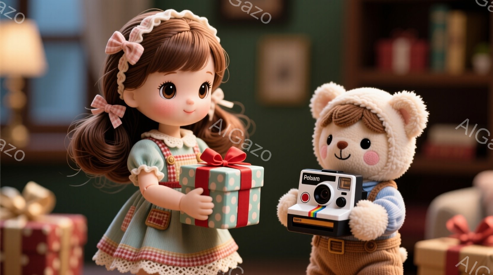 少女は、フリルのついたピンク色のワンピースに身を包み、茶色の巻き髪をリボンで結んでいます。彼女は緑色のリボンで結ばれたプレゼントを両手で抱え、微笑んでいます。背景には、他のプレゼントや間接照明のある部屋がぼやけて見え、お祝いの温かい雰囲気を醸し出しています。