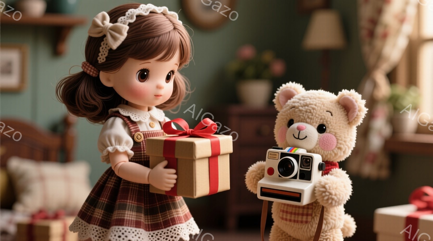 茶色の巻き毛に白いリボンをつけた少女が、赤いリボンで飾られたギフトボックスを持っている。ふわふわのテディベアがポラロイドカメラを首から下げて少女の隣に立っている。背景には、枕やギフトボックス、そして窓 - AI生成フリー素材