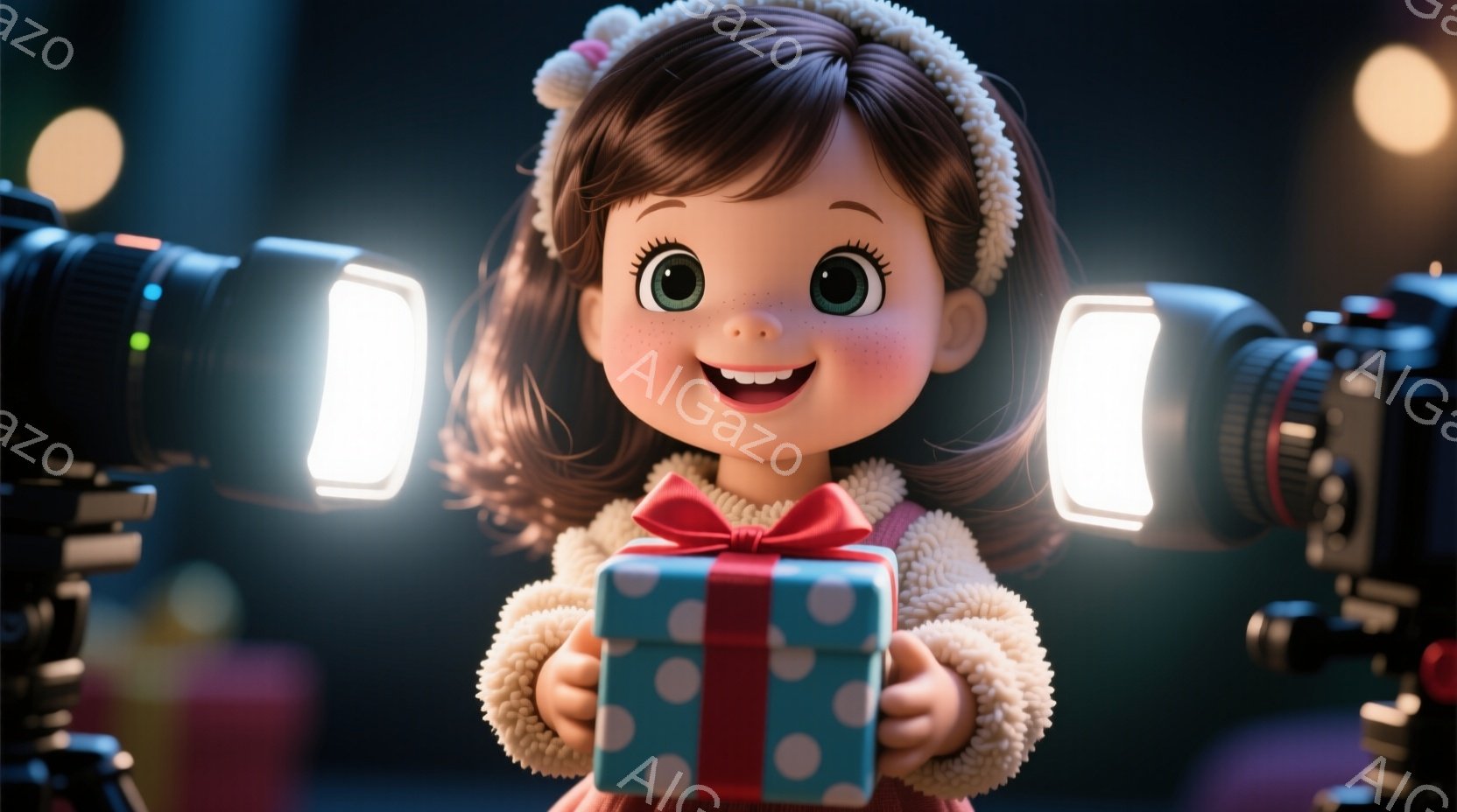 明るい笑顔の幼い女の子が、赤いリボンと水玉模様のラッピングペーパーで包まれた緑色のプレゼントを両手で抱えています。彼女は茶色の巻き毛の髪に白いヘアバンドをつけており、クリーム色のふわふわとしたセーターを着ています。背景には複数のカメラとライトが配置されており、まるで撮影現場のような雰囲気で、お祝いや喜びの瞬間を捉えようとしているようです。