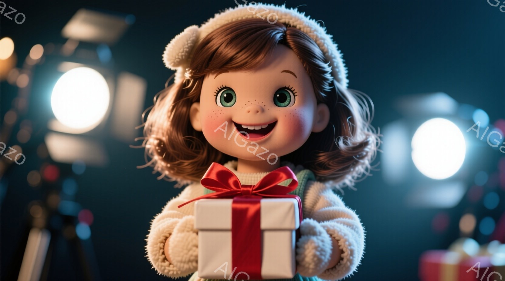 明るい笑顔の少女が、赤いリボンで飾られた白いギフトボックスを両手で抱えています。彼女はふわふわの白い帽子と厚手のセーターを着ており、巻き毛の髪は肩にかかっています。背景は暗く、ぼやけた光のぼんやりとした輪郭が見え、祝祭的で温かい雰囲気を醸し出しています。