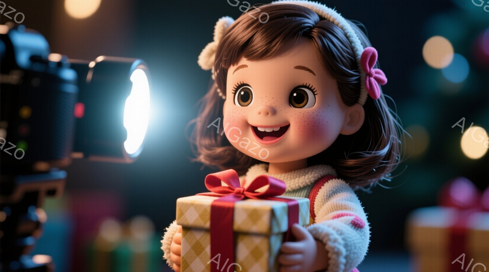 茶色の巻き毛にピンクのリボンをつけた少女が、ラッピングされたプレゼントを両手で抱えています。彼女は白いセーターと赤いベストを着ており、頬は赤く、笑顔で喜びを表しています。背景にはぼやけたクリスマスツリーの光と、映画撮影用のライトが映り込み、お祝いと温かい雰囲気を醸し出しています。