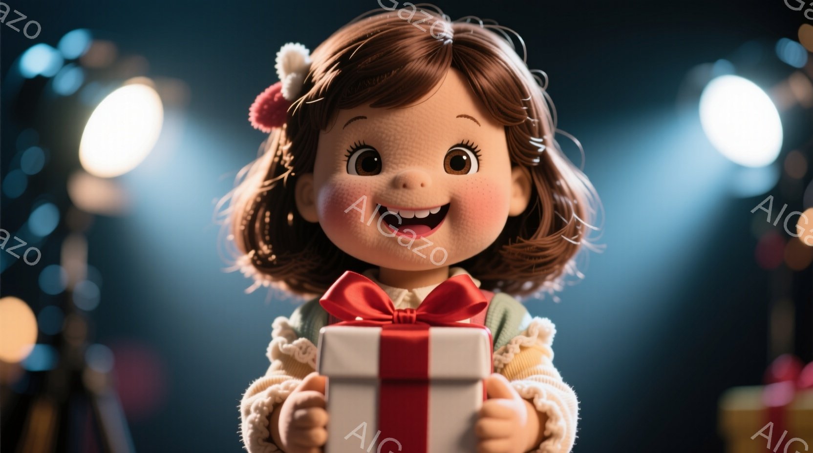金髪の巻き毛の少女が、赤いリボンで飾られた白いプレゼントの箱を両手で抱えています。彼女は頬を赤らめ、満面の笑みを浮かべており、クリーム色のニットセーターを着ています。背景にはぼやけた光と、装飾されたクリスマスツリーが見え、全体的に温かく幸せな雰囲気が漂っています。