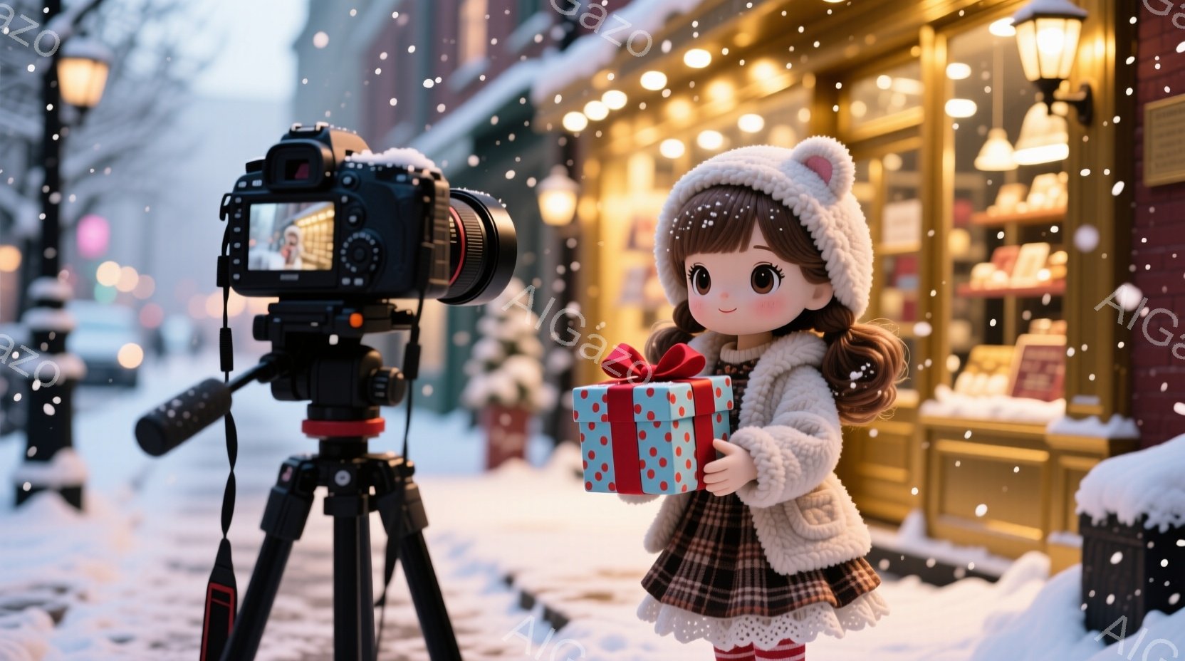雪が降る街並みを背景に、プレゼントの箱を抱えた若い女性が立っています。彼女はチェック柄のスカートと白いセーター、耳当て付きの帽子を身に着け、つぶらな瞳と微笑みを浮かべています。背景には温かい光を放つお店が並び、クリスマスの雰囲気を感じさせます。