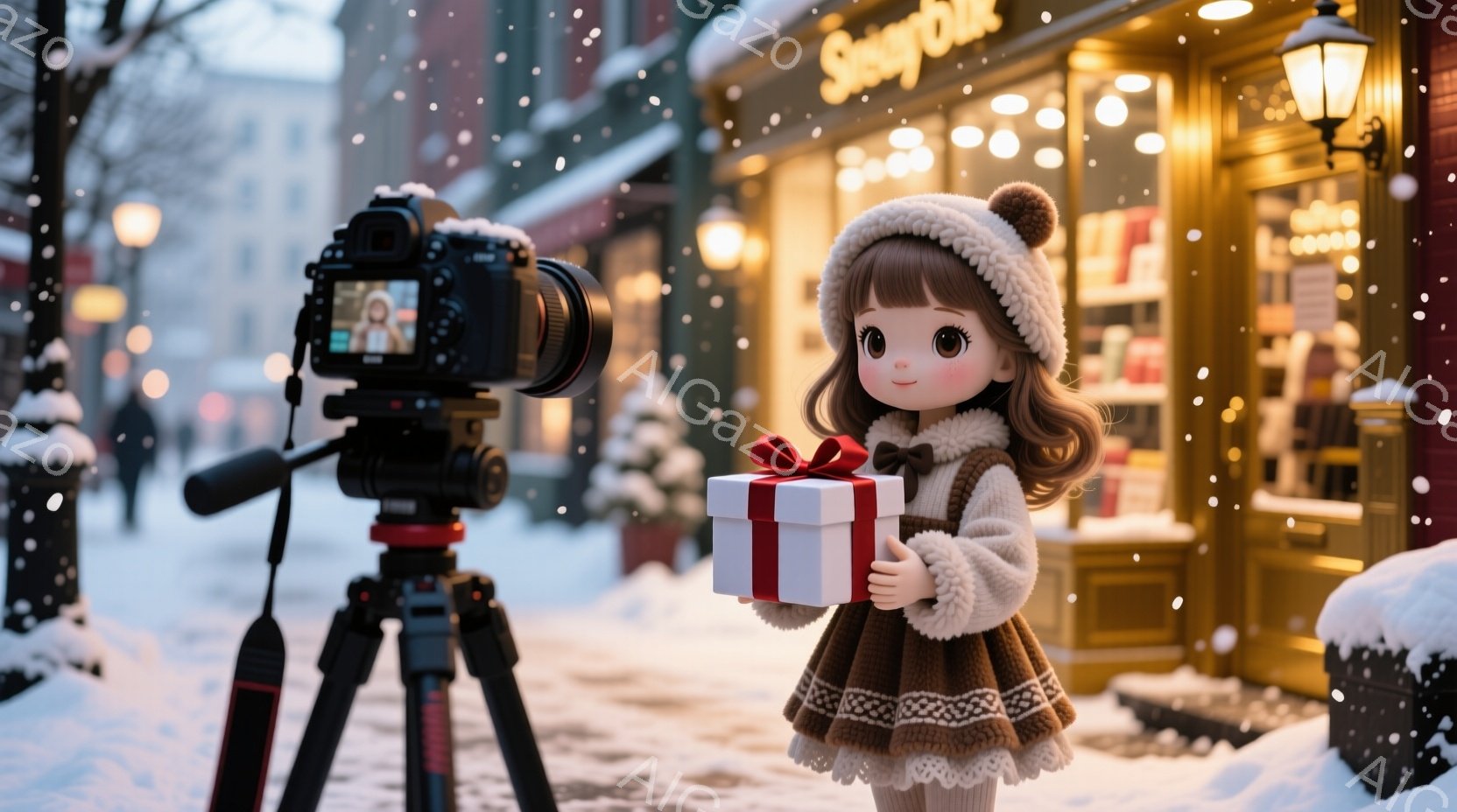 雪が降り積もる街並みで、可愛らしい女の子がプレゼントの包まれた箱を抱えています。彼女は茶色の髪をカールさせて、ニット帽をかぶり、暖かい茶色のセーターを着ています。背景には、灯りの温かい店構えと雪景色が - AI生成フリー素材