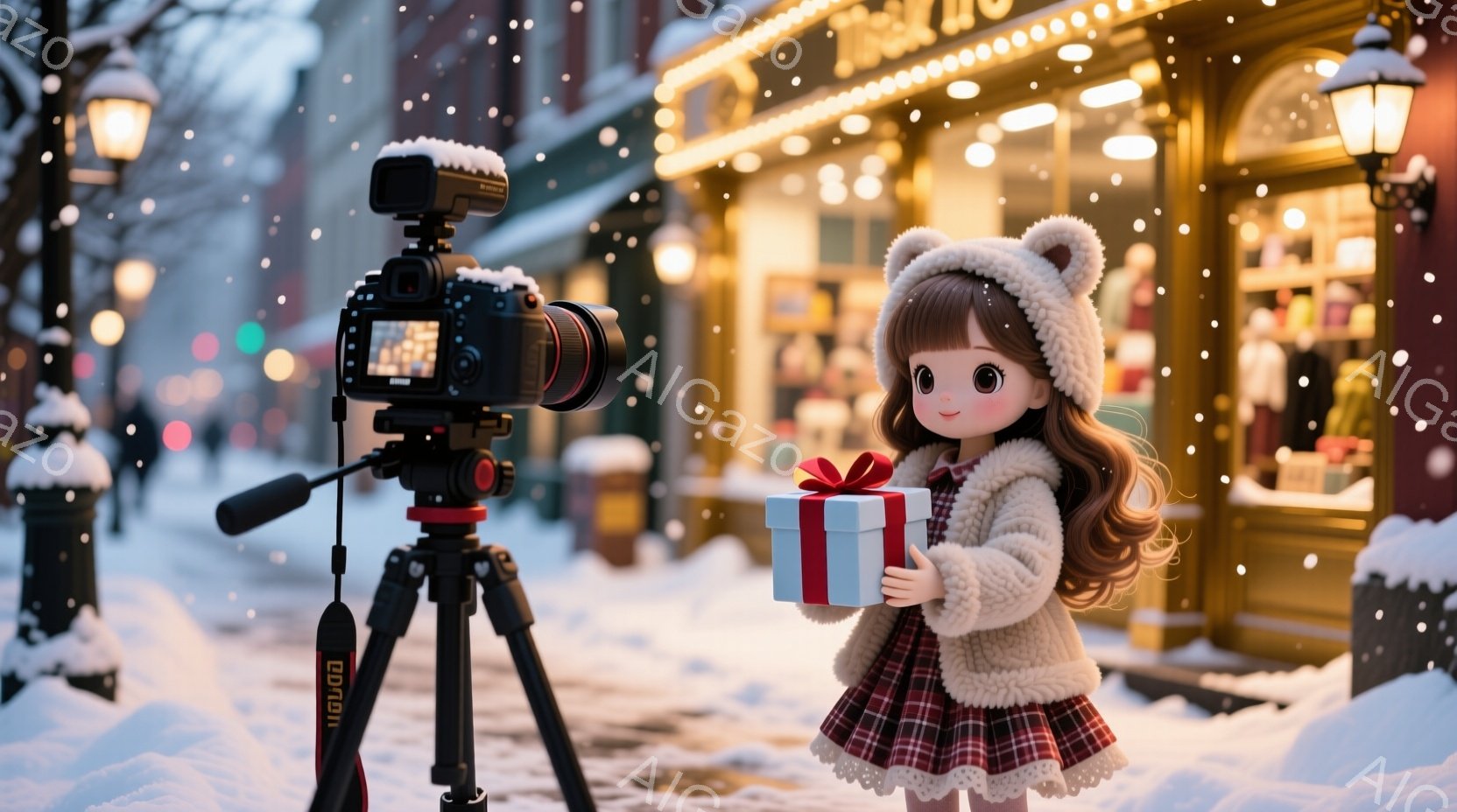 雪が降る街並みで、大きなカメラが三脚に設置されています。人形は赤いチェックのワンピースに白いふわふわのコートを着て、頭には白い耳付きの帽子をかぶり、左手に青いリボンで結ばれたプレゼントを持っています。背景には、装飾された窓と暖かい光を放つお店が見え、クリスマスの穏やかで夢のような雰囲気が漂っています。