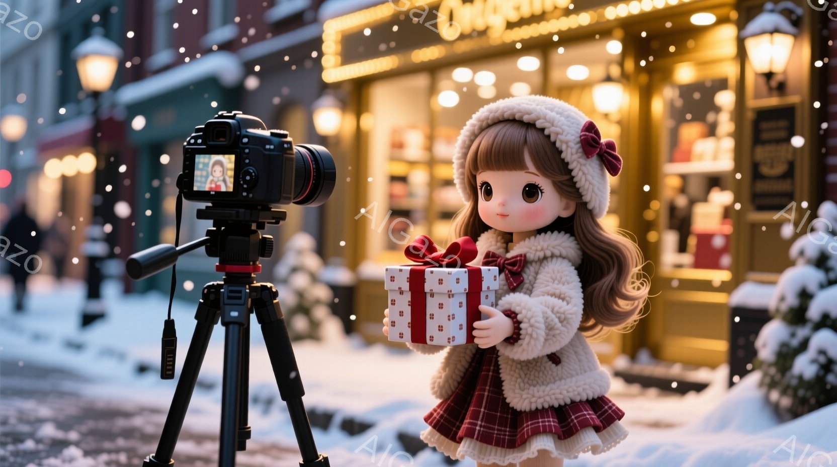 少女は、ふわふわのクリーム色のコートと赤と白のチェックのスカートを着て、頭にはポンポン付きの帽子をかぶっています。彼女は赤いリボンで飾られたプレゼントの箱を抱きしめ、少し微笑んでいるように見えます。背景には雪が降り積もる街並みと、温かい光が灯る店があり、クリスマスの温かく幻想的な雰囲気が漂っています。