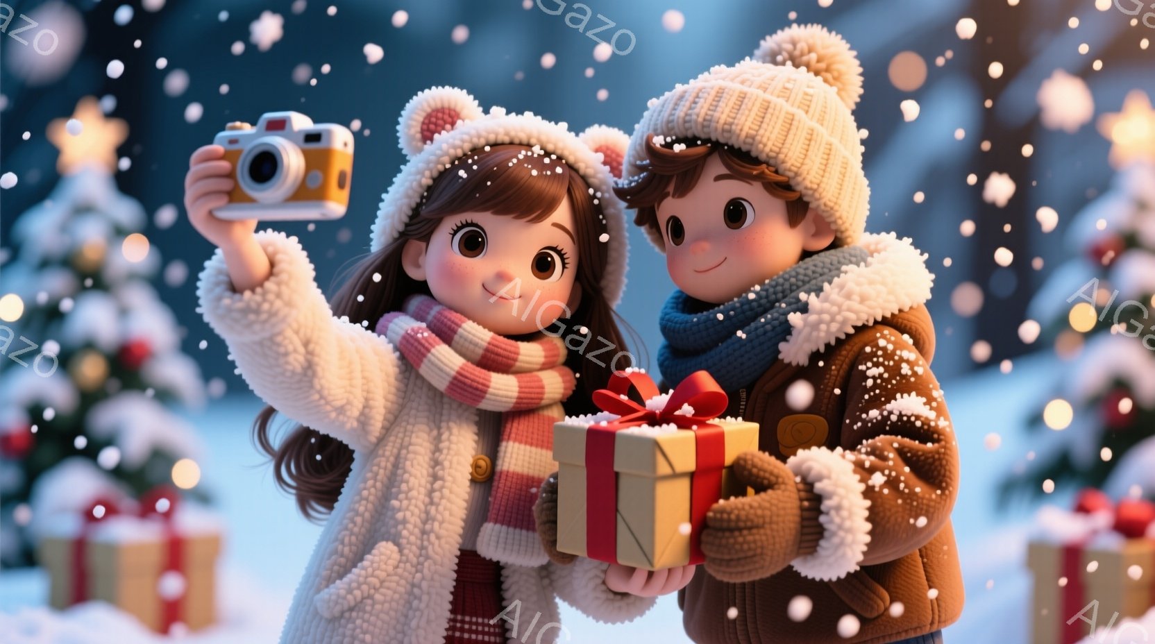 少女と少年が雪景色の中でプレゼントを持ってポーズをとっています。少女は茶色の髪を長くおろして、ピンク色のニット帽と白いコート、そしてストライプの赤いマフラーを着用し、カメラを高く掲げて自撮りをしています。少年は茶色の髪を短く切り、黒色のコートと青色のマフラーを着用し、笑顔でプレゼントの箱を持っています。