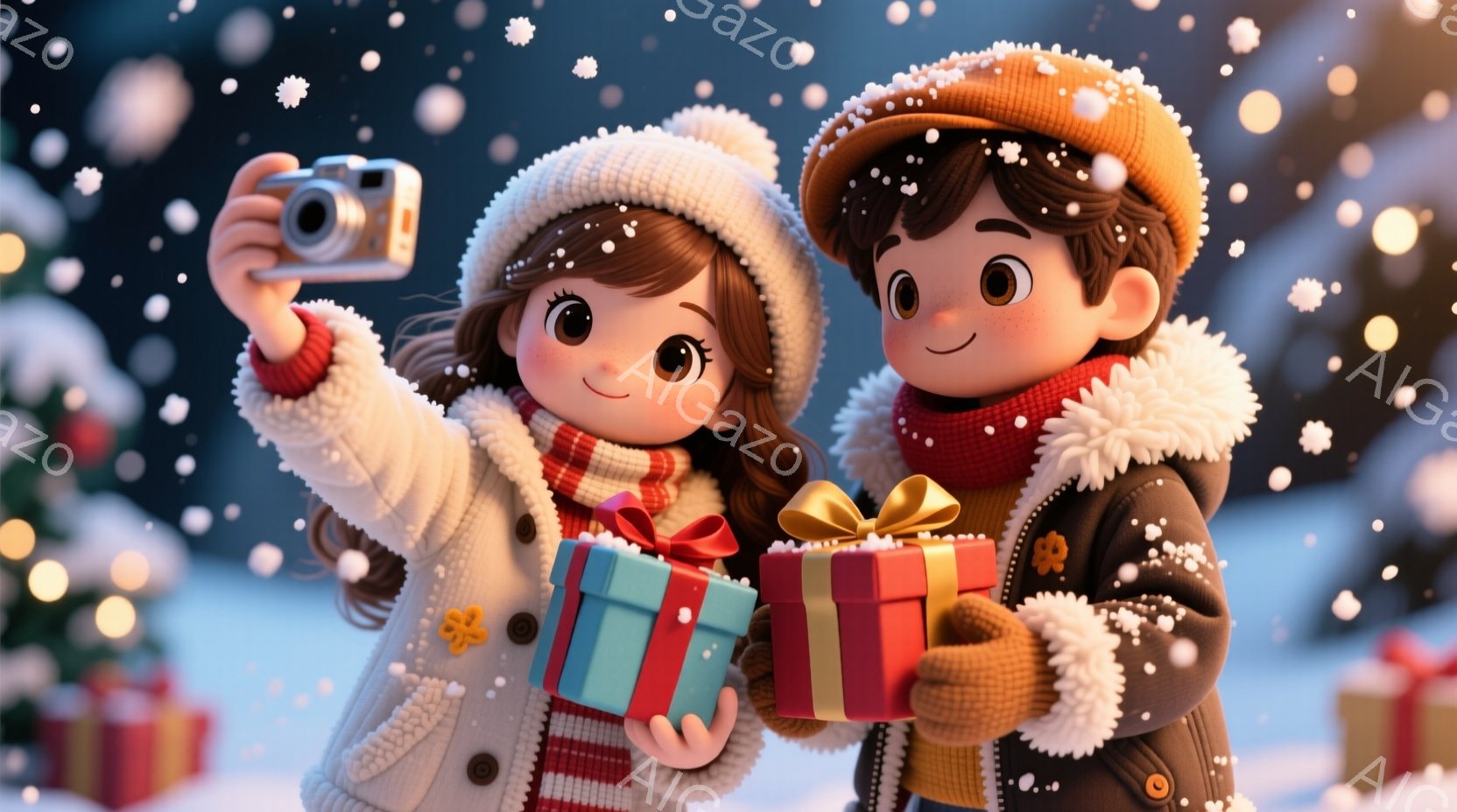 少女と少年が雪の中でプレゼントを抱え、自撮り棒で写真を撮っています。少女は白いニット帽と白いコートを着ており、長い茶色の髪をしています。少年は茶色の帽子と黒いコートを着て、赤いマフラーを巻いています。背景にはクリスマスツリーや雪景色が広がり、温かく幸せなクリスマスの雰囲気が漂っています。