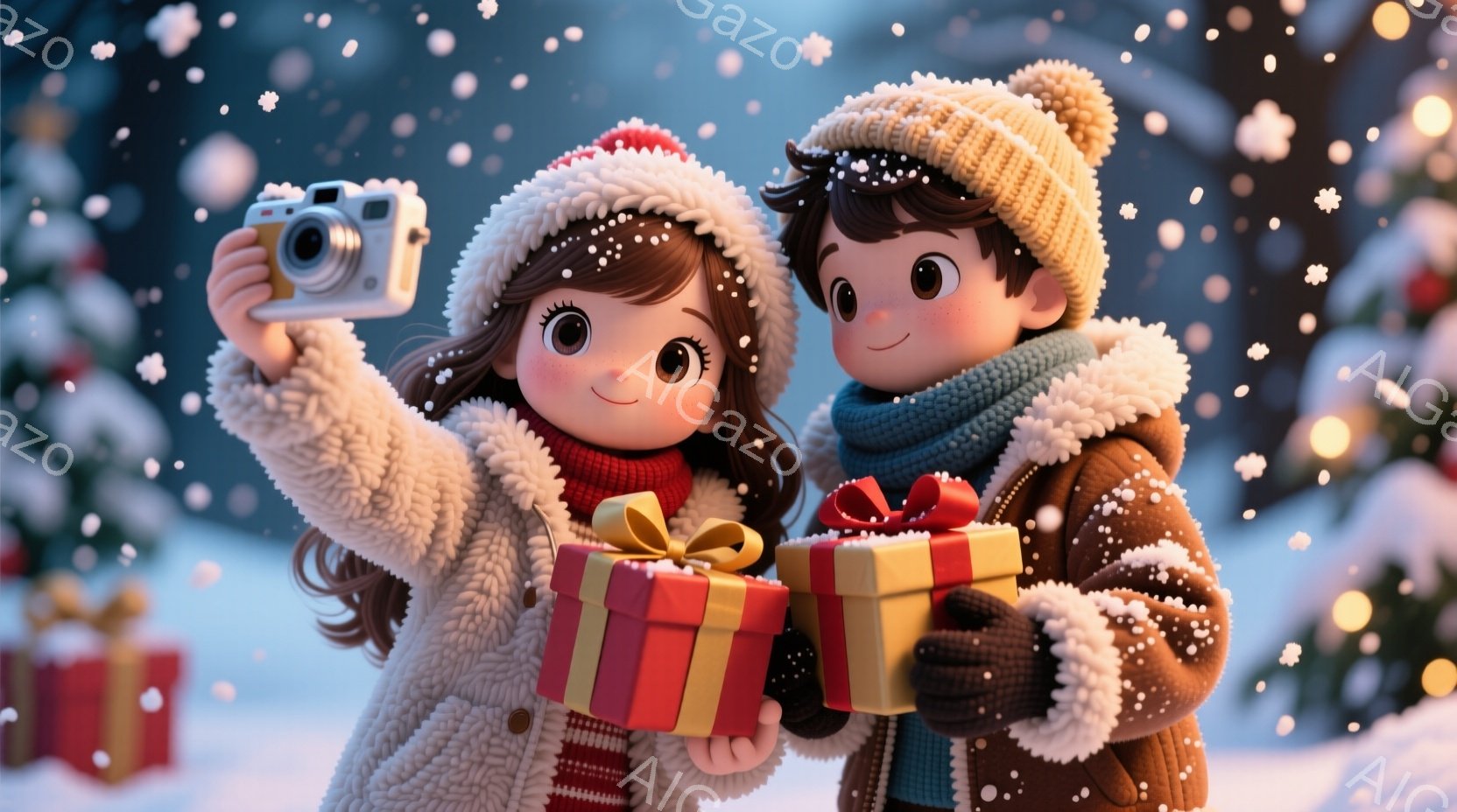 雪が降る冬の日に、女の子と男の子がプレゼントを持ってポーズをとっています。女の子は茶色の長い髪で赤いニット帽をかぶり、白いふわふわのコートを着ています。男の子は茶色の髪で青いニット帽とマフラーをつけ、同じような白いコートを着ており、二人は笑顔でカメラを構えています。