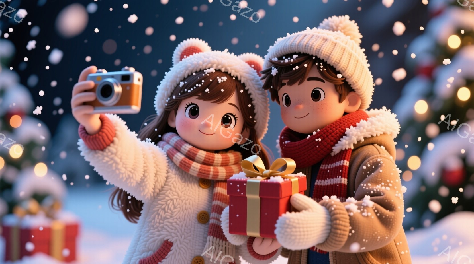 雪が舞う背景で、少女と少年が寄り添って写っている。少女は茶色の髪をポニーテールにし、クリーム色のコートと帽子を着用し、カメラを構えて自撮りをしているようだ。少年は茶色の髪で、ベージュのコートと赤いストライプのネッカチーフを着用し、赤いリボンで飾られたプレゼントの箱を持っている。