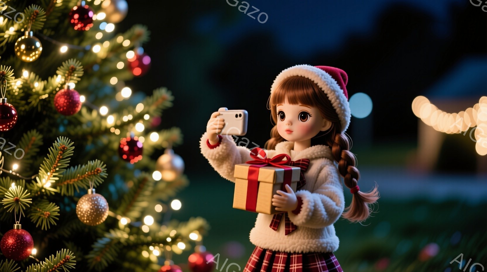 クリスマスツリーのそばにいる少女は、赤いサンタ帽をかぶり、ふわふわの白いコートとチェックのスカートを着ています。彼女はプレゼントの箱を持って、スマートフォンで写真を撮るポーズをとっており、嬉しそうな表情をしています。背景にはぼやけた家々と、きらめくクリスマスライトがあり、暖かく幻想的な雰囲気を醸し出しています。