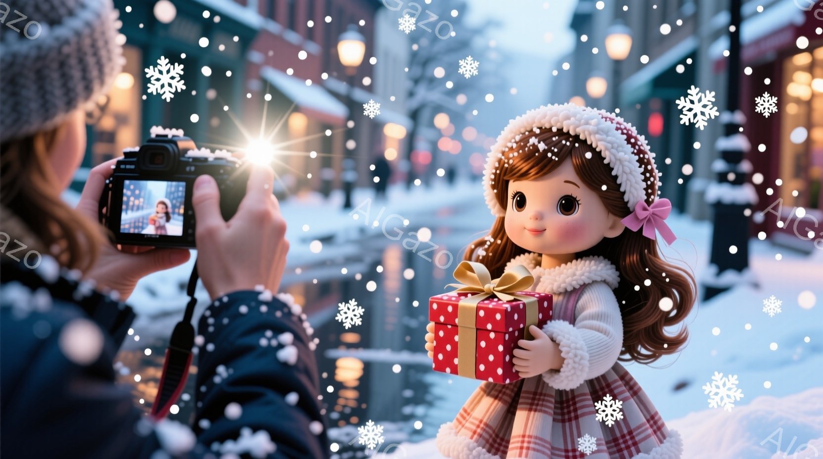 少女は、チェック柄のワンピースに白いファーのついたジャケットと帽子を身につけ、赤いリボンで結ばれた金髪をしています。彼女は赤い包装紙で包まれたプレゼントを抱き、微笑んでいます。背景は雪が降る街並みで、 - AI生成フリー素材