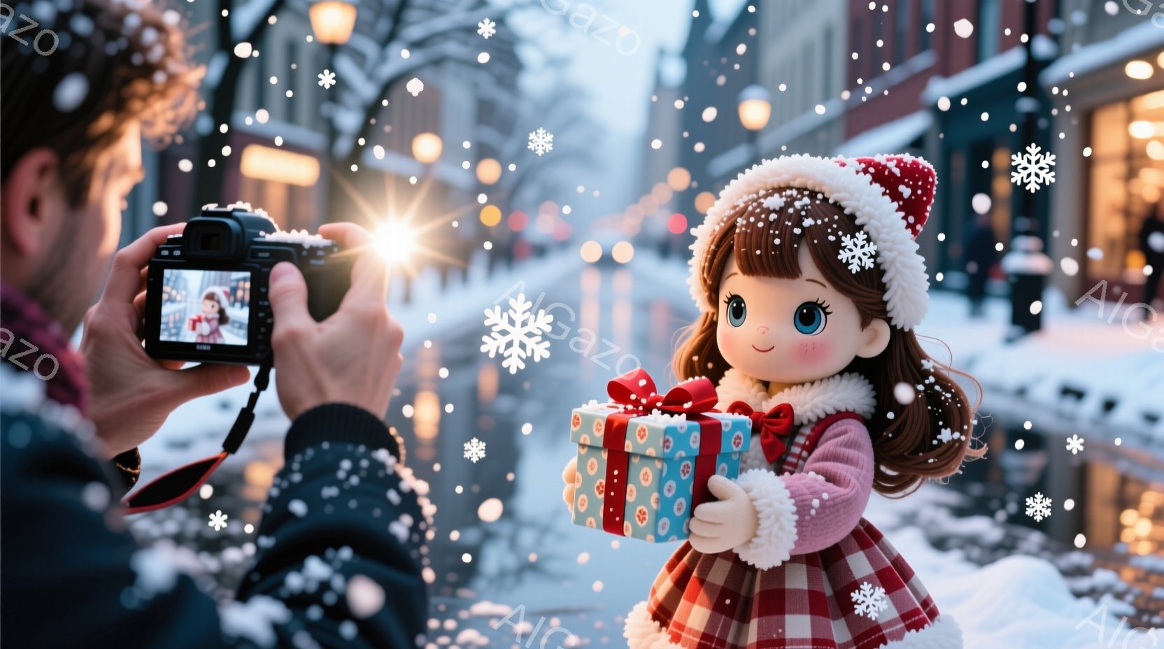 雪が降る街並みで、プレゼントの箱を持った少女が撮影されている。彼女は赤いチェック柄のワンピースに白いセーター、サンタ帽をかぶり、微笑んでいる。背景にはぼやけた街灯と雪で覆われた建物が見え、クリスマスの温かく幻想的な雰囲気を醸し出している。