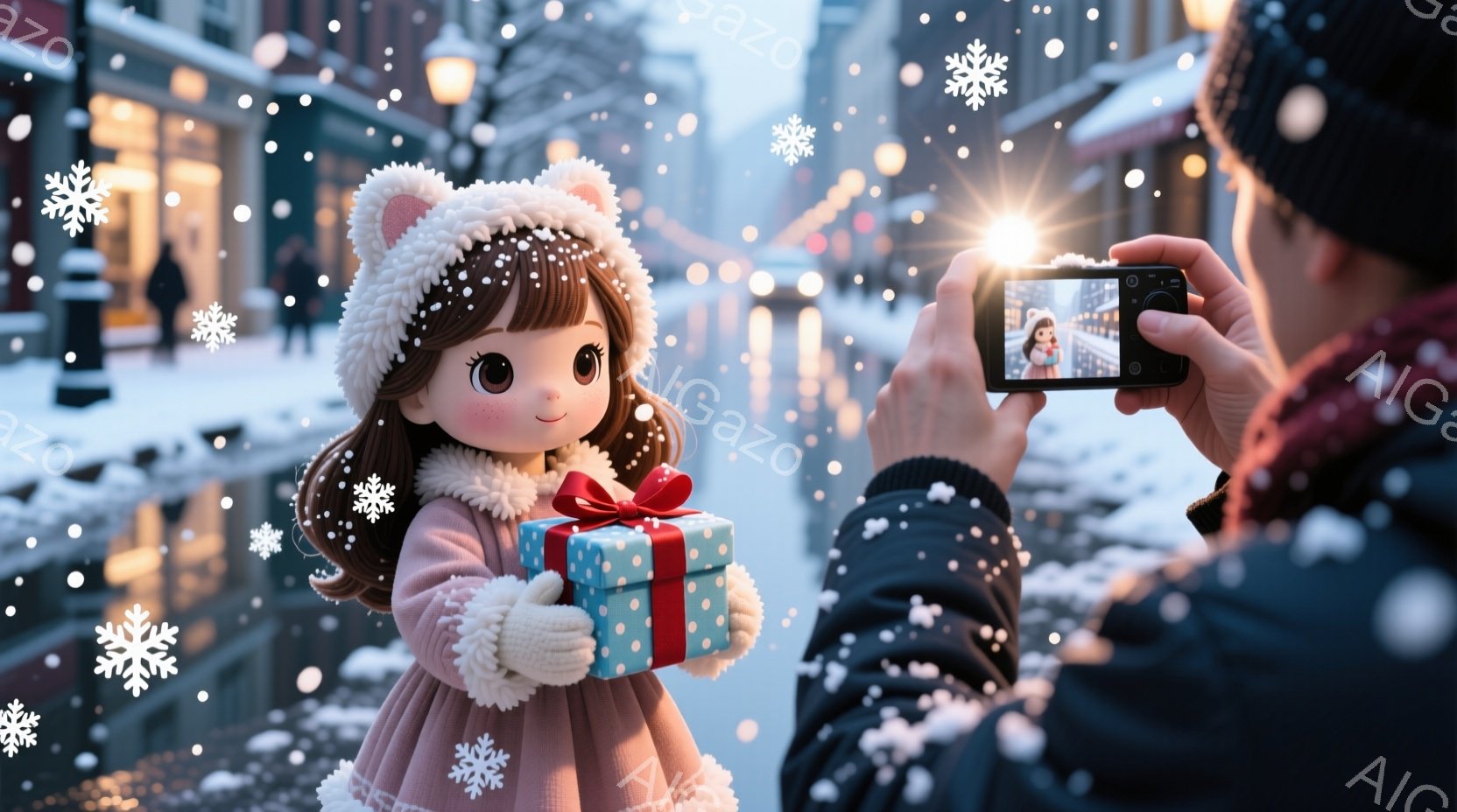 可愛らしい女の子が、ピンク色のふわふわしたコートと白い手袋を身につけ、頭にはポンポン付きの帽子をかぶっています。彼女は青いリボンで飾られたプレゼントを抱え、カメラに向かって微笑んでいます。背景には雪が降る街並みが広がり、温かい光が灯る建物と、ぼやけた人影が見えます。