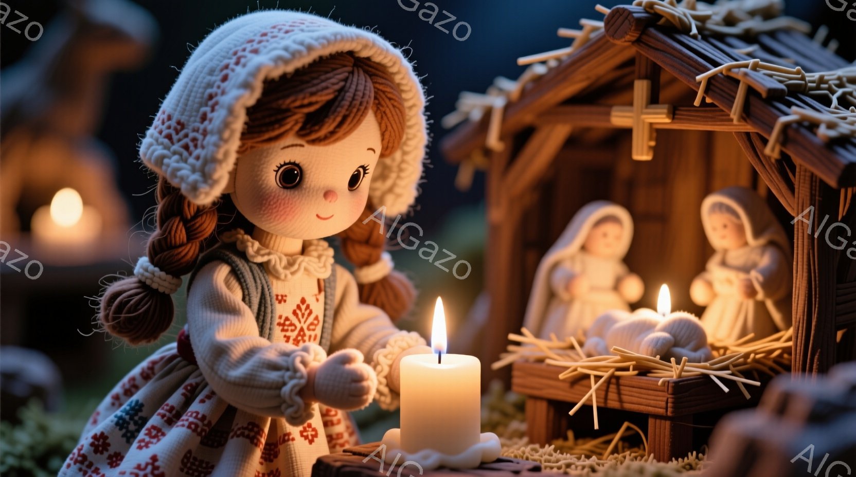 赤毛を二つに結んだ少女が、刺繍が施されたクリーム色のセーターと帽子を身につけ、温かい光を放つキャンドルを見つめています。背景には藁で作られた小屋があり、幼いイエスを抱く聖母マリアの像が置かれています。全体的に暖かく幻想的な雰囲気で、静かな夜の聖誕のシーンが描かれています。