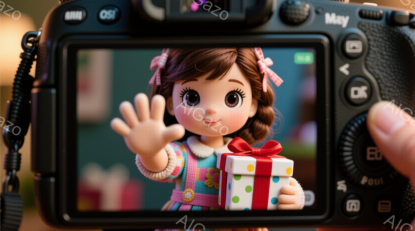 画像はデジタルカメラの液晶画面に映し出された、人形のクローズアップです。人形は赤いリボンで結んだ茶色の巻き毛で、明るい笑顔を見せて片手を上げています。人形はピンクと緑の水玉模様のリボンで飾られた小さなギフトボックスを抱えており、背景はぼやけた暖色系の空間で、全体的に温かく、お祝いの雰囲気が漂っています。