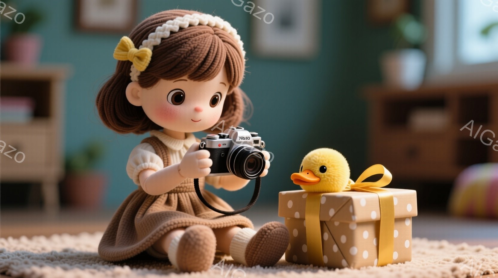 茶色の巻き毛の髪にピンクのリボンをつけた少女が、クリーム色のニットのワンピースを着て床に座っています。彼女は小さな黒いカメラを持って何かを撮影しており、真剣な表情をしています。背景には木製の家具があり、黄色いアヒルのぬいぐるみとプレゼントの箱が置かれています。