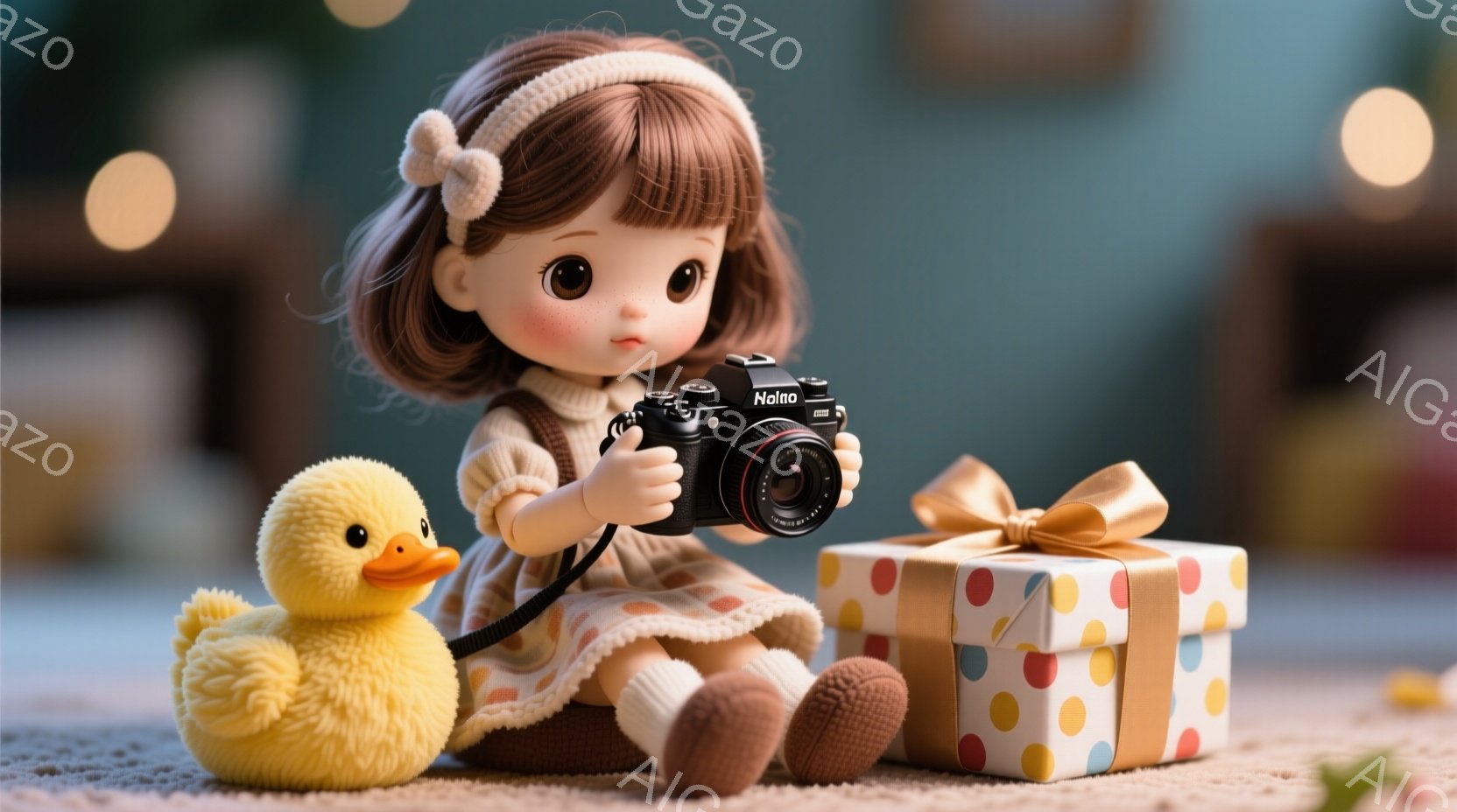 明るい茶色の巻き毛にヘッドバンドをつけた少女が、レトロなカメラを持って座っています。ピンクがかったベージュのセーターとスカートを身に着け、茶色の靴を履いています。背景には、プレゼントボックスと黄色いアヒルのぬいぐるみがあり、全体的に暖かく、遊び心のある雰囲気です。