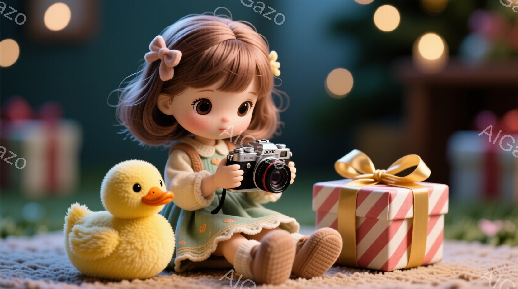 少女は緑色のフリル付きのワンピースを着て、髪は茶色のカールヘアで、頭にはリボンをつけています。彼女は古いスタイルのカメラを持ってポーズを取り、隣には黄色いアヒルのぬいぐるみと赤いリボンで結ばれたプレゼントの箱が置かれています。背景はぼやけており、温かい光の玉とプレゼントの箱が散りばめられており、全体的に穏やかで夢幻的な雰囲気を醸し出しています。