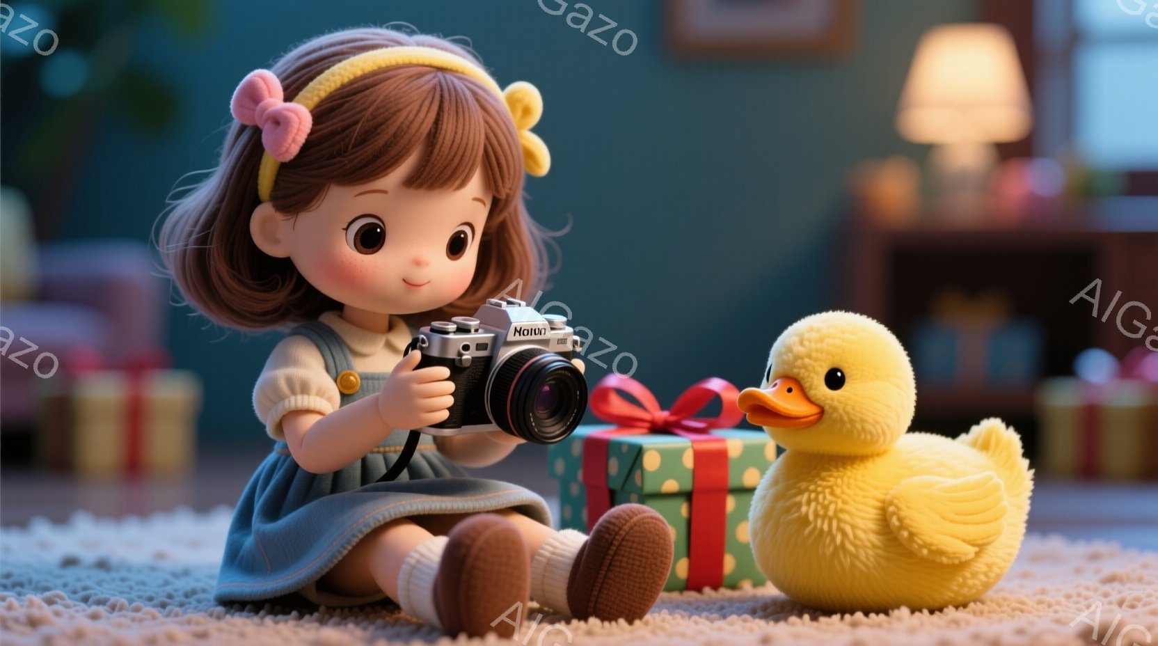 少女は水色のワンピースを着ており、茶色の髪はサイドに黄色いリボンで結ばれています。彼女は真剣な表情で、レトロな銀色のカメラを手に持ち、黄色いアヒルのぬいぐるみと緑色のギフトボックスの前に座っています。 - AI生成フリー素材