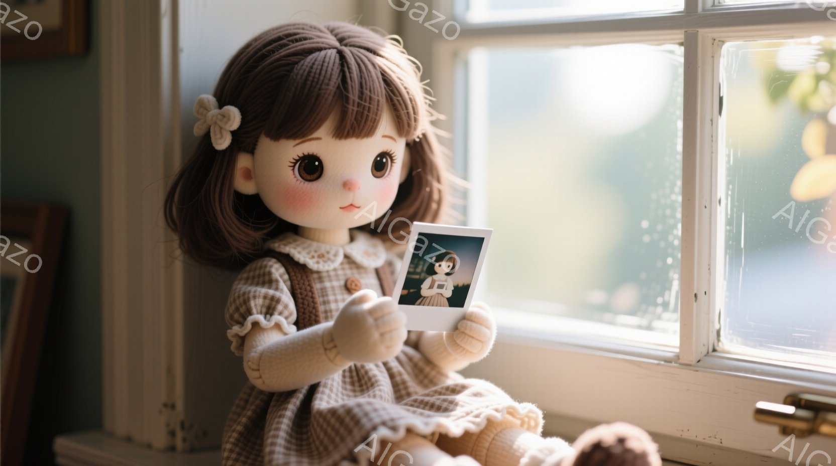 茶色の巻き毛の少女が窓辺に座り、片手にポラロイド写真を持っています。少女はベージュ色のセーターとスカートを身につけ、髪には白いリボンをつけています。背景には白い窓枠と、ぼやけた自然の風景が見え、暖かく穏やかな雰囲気が漂っています。