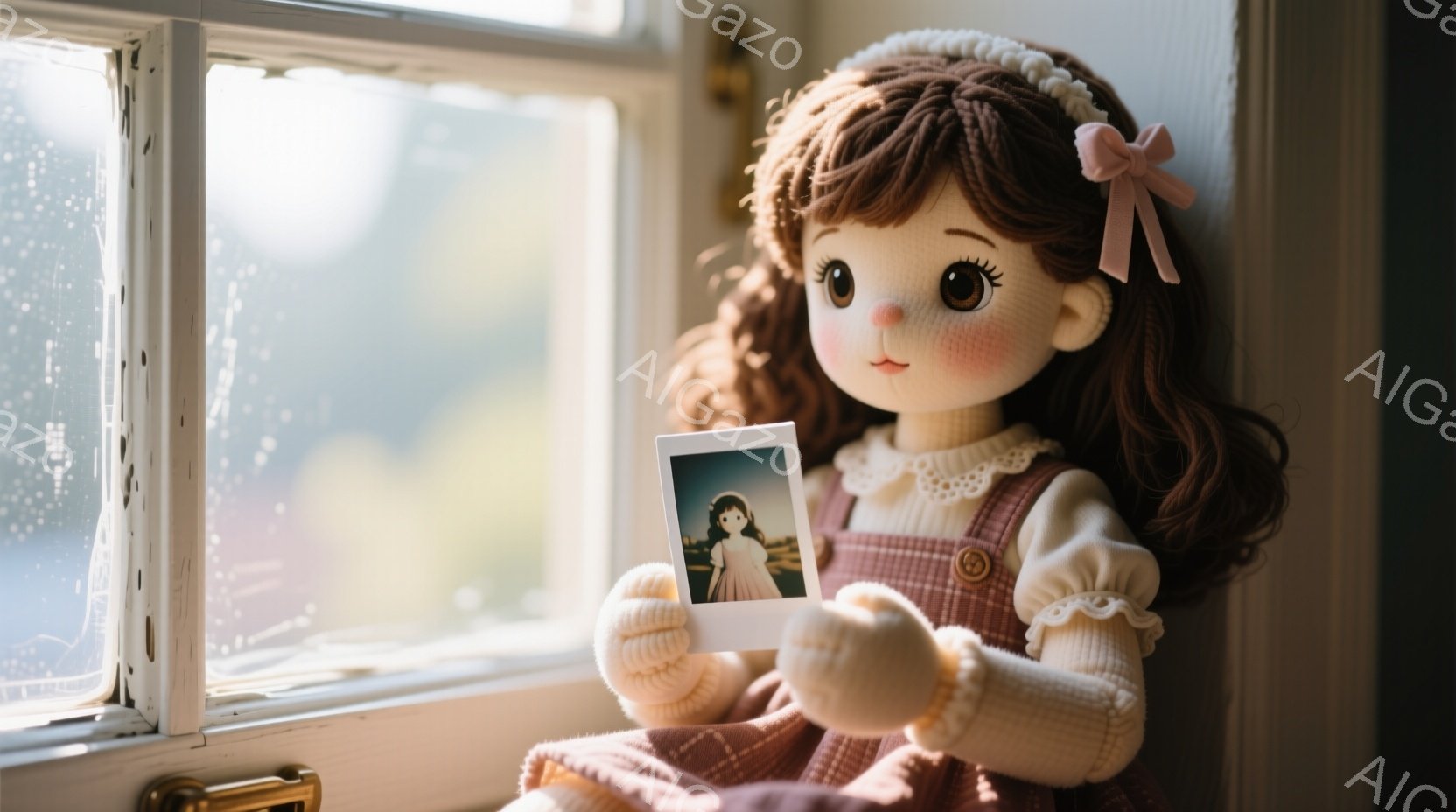 明るい光が差し込む窓辺に、茶色の巻き毛にピンクのリボンをつけた可愛らしい人形が座っています。クリーム色のトップスにピンクのサスペンダー付きスカートを身に着け、片手に小さな写真を持っています。背景にはぼんやりとした窓枠が見え、全体的に暖かくノスタルジックな雰囲気を醸し出しています。
