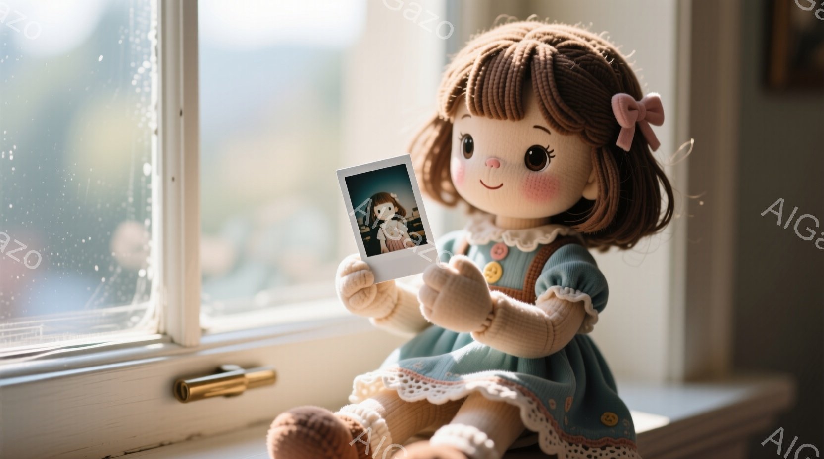 茶色の巻き毛にピンクのリボンをつけた少女の人形が、水色のフリル付きのワンピースを着ています。人形は膝を曲げて座り、片手にポラロイド写真の小さな写真を持っています。背景にはぼやけた街並みと窓枠が見え、全体的に温かくノスタルジックな雰囲気が漂っています。