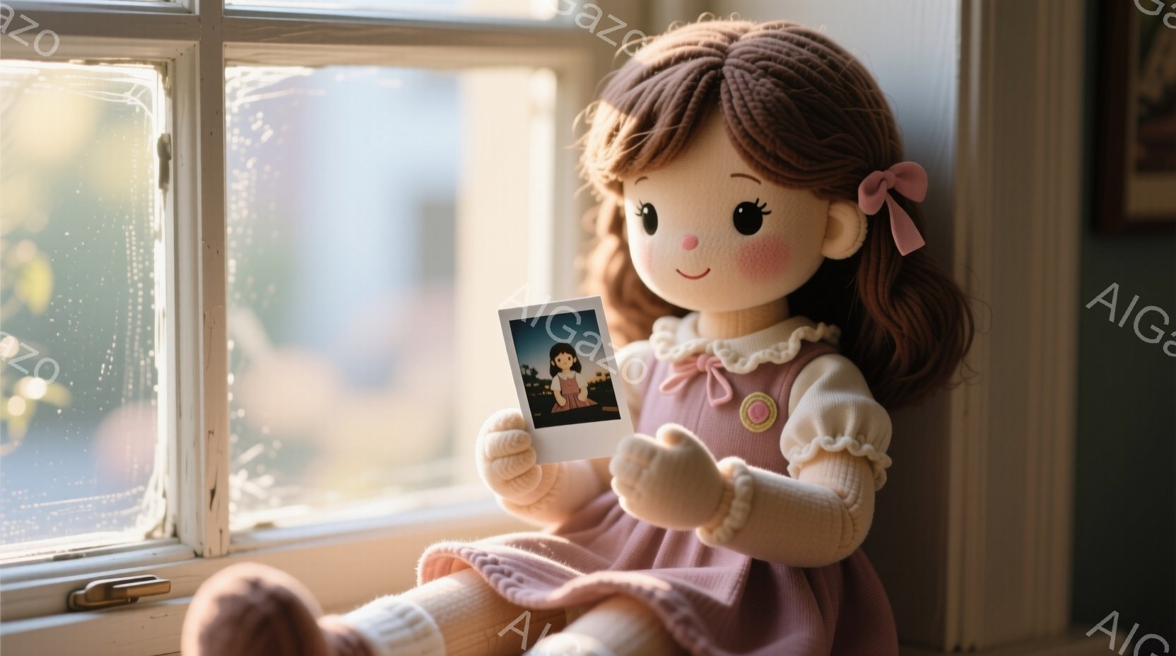 明るい窓辺に座る人形が、手に小さな写真を握りしめています。ピンク色のフリル付きのワンピースと、カールした茶髪にリボンが結ばれており、穏やかな微笑みを浮かべています。背景には窓枠とぼんやりとした光が見え、全体的に温かく、ノスタルジックな雰囲気が漂っています。