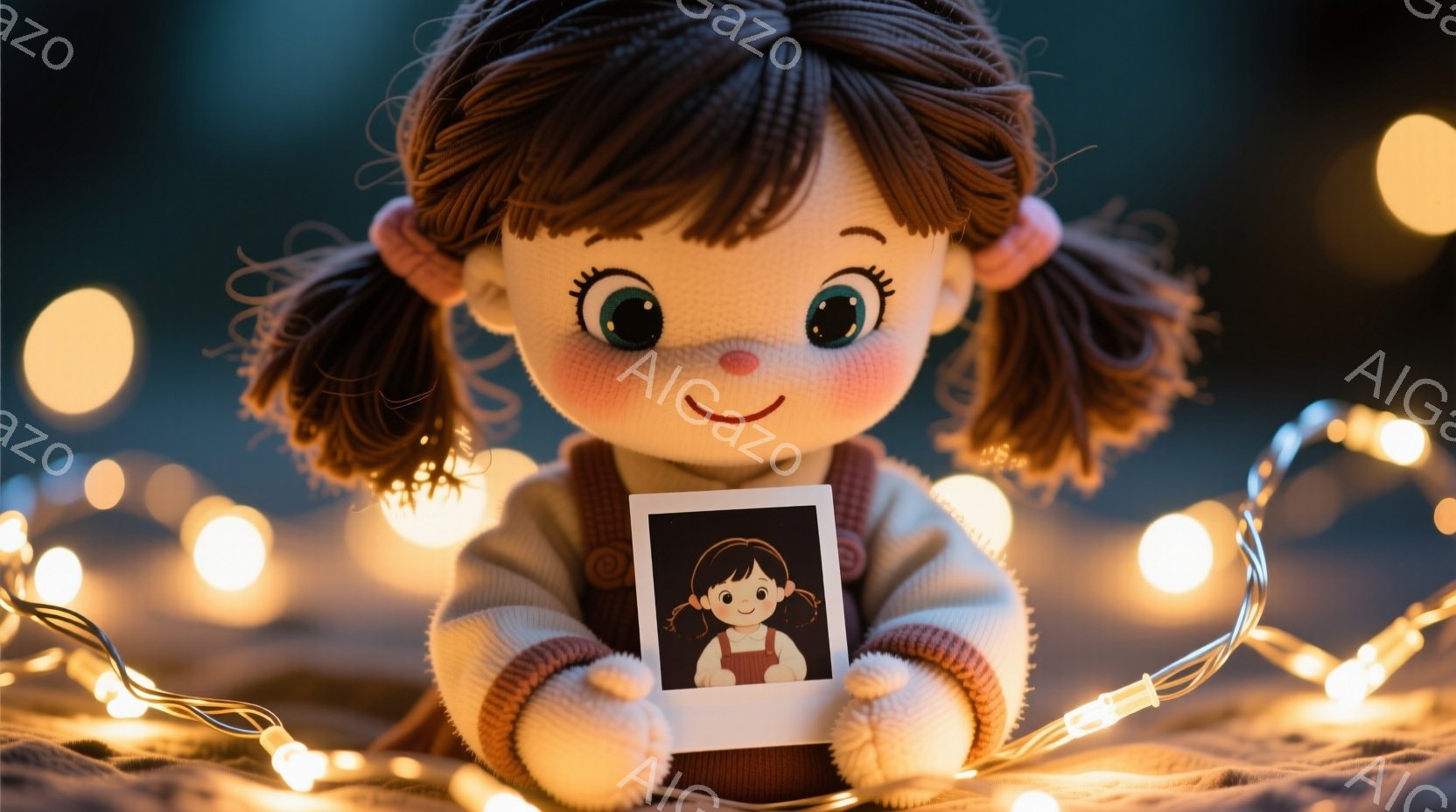 茶色の巻き毛を二つに結んだ女の子の人形が、クリーム色のセーターと茶色のズボンを身につけています。人形は両手で、自分自身の小さな写真を持っているようで、穏やかで優しい表情をしています。背景にはぼやけた光のストリングライトがあり、暖かく、夢のような雰囲気を醸し出しています。