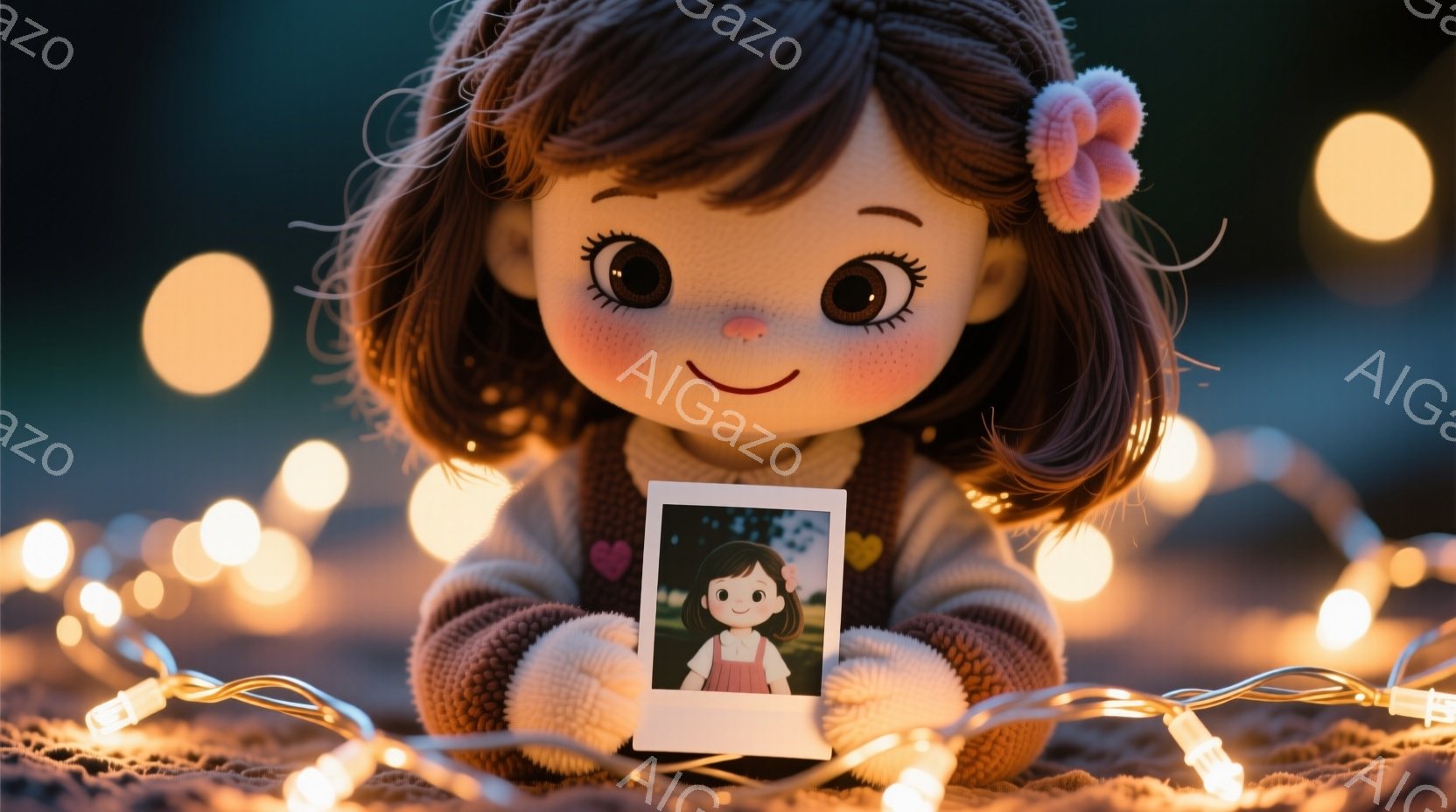 茶色の巻き毛にピンクのリボンをつけた女の子の人形が、薄い水色のセーターと茶色の縞模様のズボンを身につけています。彼女は両手で、同じ女の子が描かれたポラロイド写真を抱えています。背景にはぼんやりとした光のぼかしがあり、暖かく夢幻的な雰囲気を作り出しています。