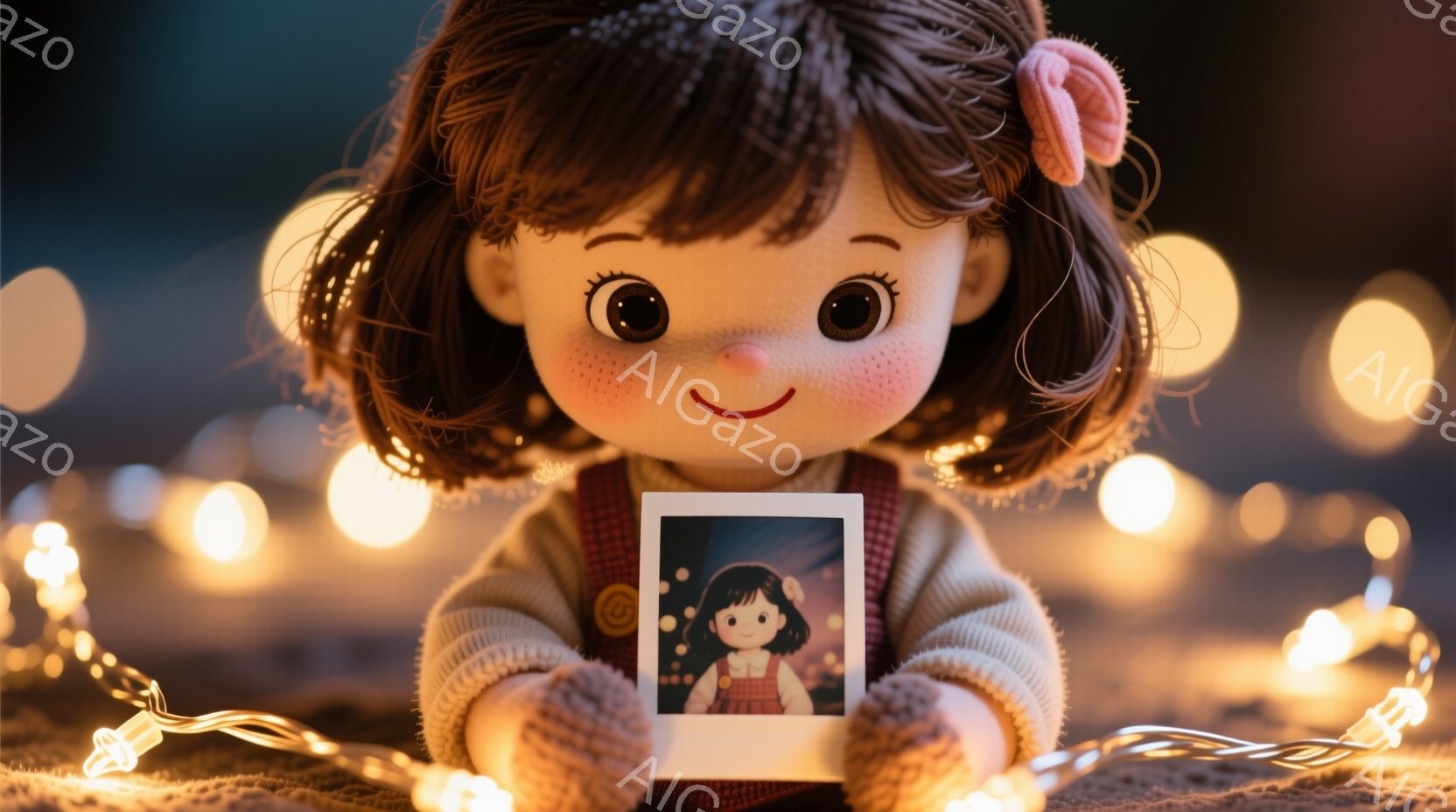 茶色の巻き毛にピンクのリボンをつけた少女の人形が、白いセーターと茶色のオーバーオール姿で、ポラロイド写真一枚を両手で抱えています。人形の頬にはリンゴのような赤ら顔が描かれ、明るい笑顔を見せています。背 - AI生成フリー素材