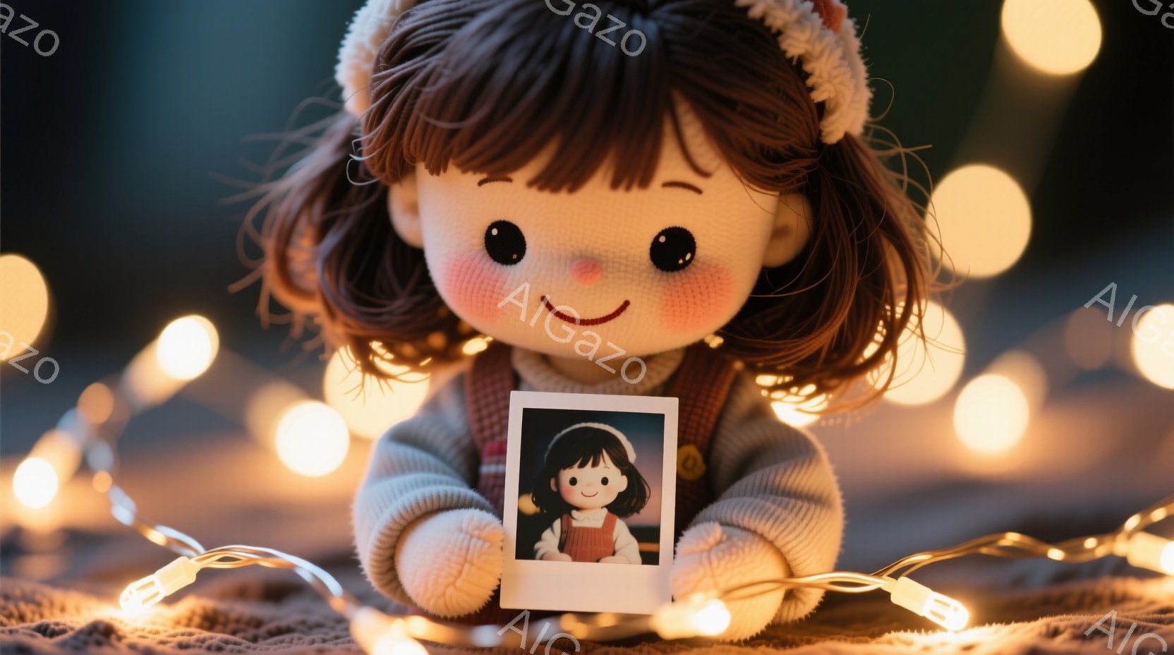 茶色の巻き毛に白いヘッドバンドをつけた、可愛らしい人形が、膝を抱えて座っています。人形は淡いピンク色の頬と優しい笑顔を持っており、手に持っているのは、同じ人形の顔写真です。背景には、ぼんやりとした光の粒子が散りばめられ、暖かく幻想的な雰囲気を醸し出しています。