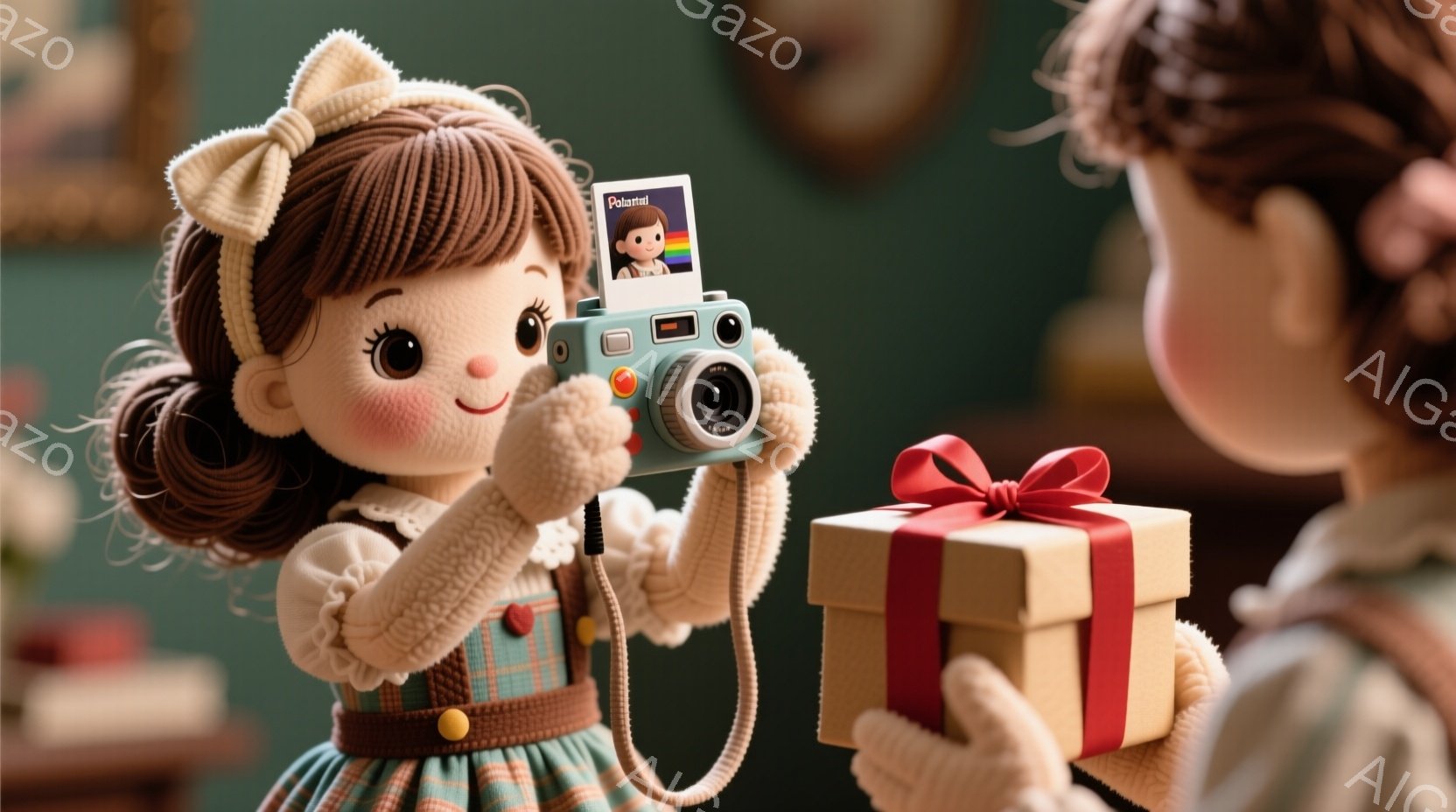 明るい茶色の巻き毛に大きなリボンを付けた少女が、水色のポラロイドカメラを持って微笑んでいます。彼女は緑とピンクの縞模様のドレスを着ており、プレゼントボックスを持つ別の少女を撮影しているようです。背景は暖かい色の壁で、プレゼントと装飾が少し見え、全体的に温かく幸せな雰囲気です。
