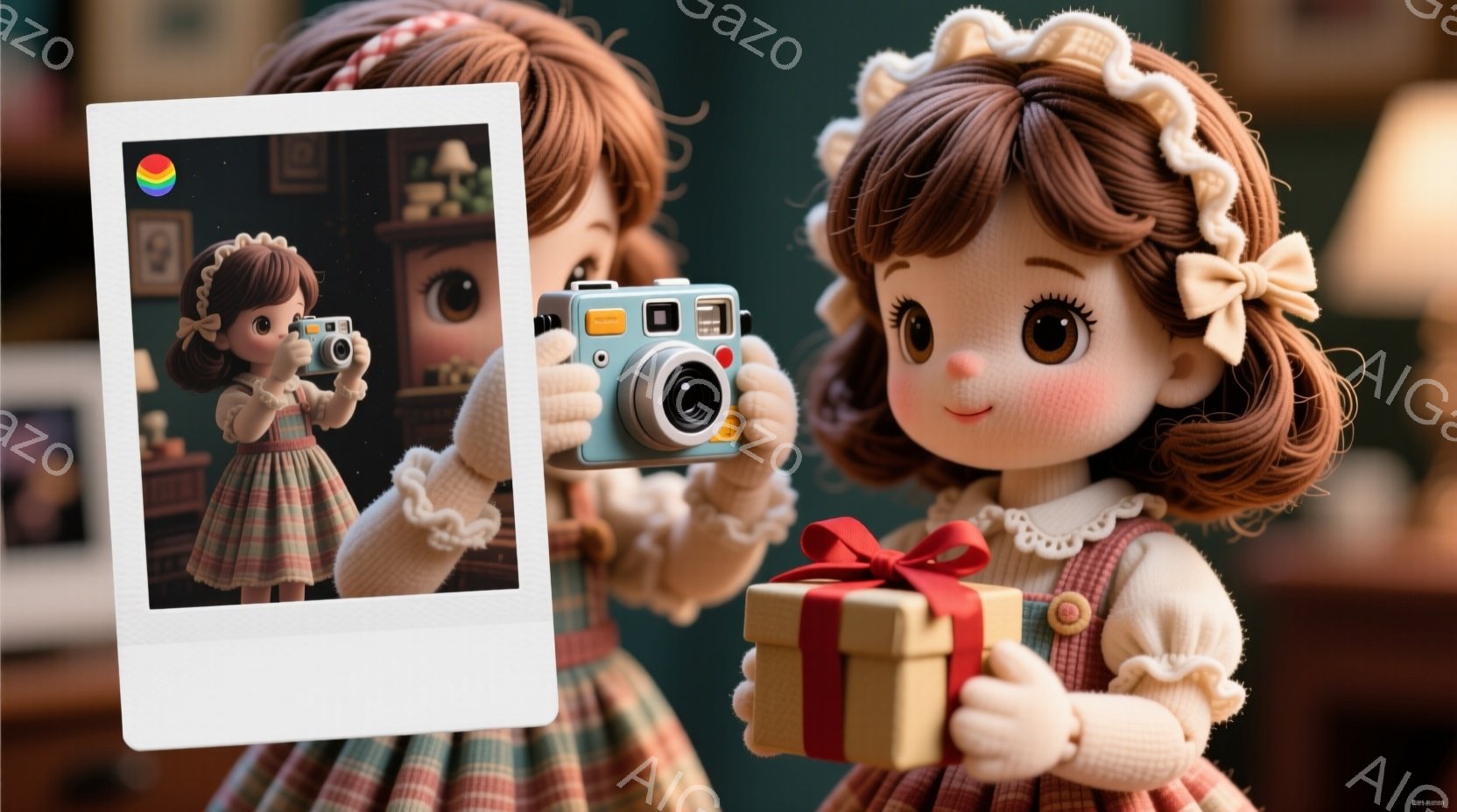 茶髪の巻き髪に白いリボンをつけた少女が、レトロなカメラとプレゼントの箱を持っています。赤いギンガムチェックのワンピースを着ており、背景にはポラロイド写真のフレームと、ぼやけた家の様子が見えます。全体的に暖かく、ノスタルジックな雰囲気で、可愛らしい少女の日常を切り取ったような印象です。