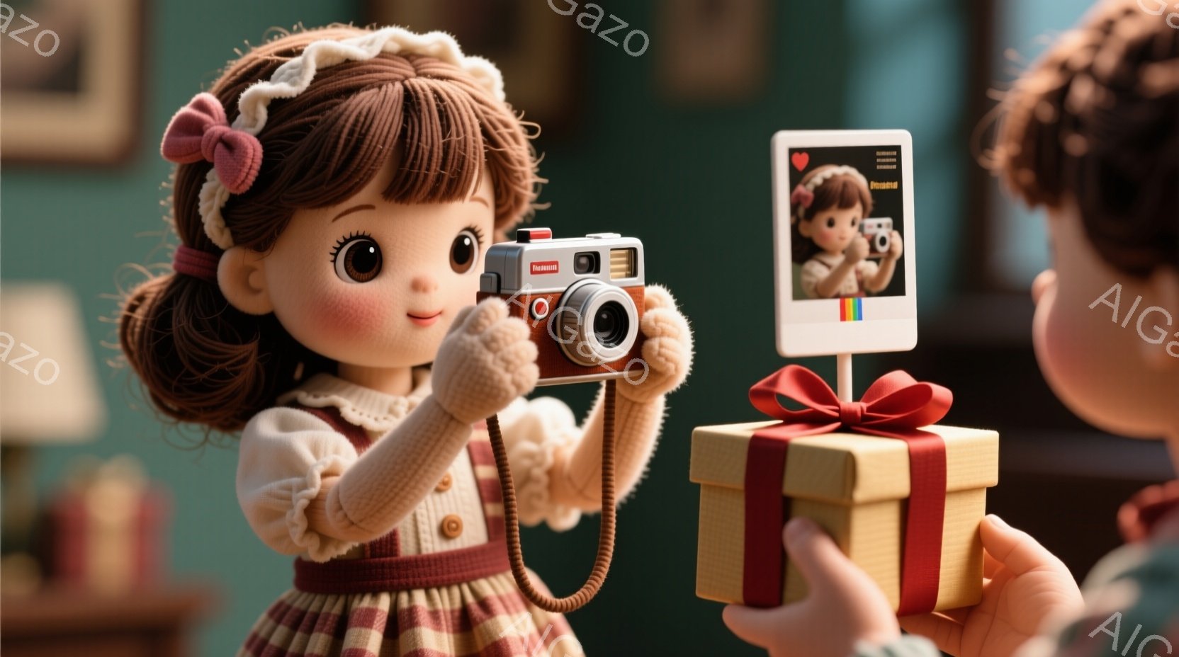 茶色の巻き毛に赤いリボンをつけた少女が、レトロなカメラを持って微笑んでいます。彼女は薄緑色のギンガムチェックのワンピースを着ており、背景には暖炉と絵画が見えます。片手でプレゼントの箱が差し出されており、ポラロイド写真には同じ少女が写っています。