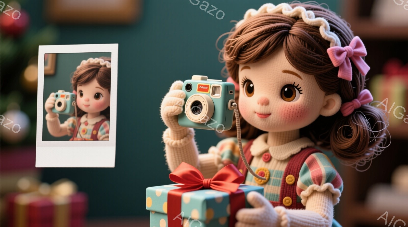 明るい茶色の巻き毛にピンクのリボンをつけた少女が、レトロな水色のカメラを手に持っています。クリーム色のフリル襟のついたパターンのワンピースを着ており、プレゼントボックスの前に立っています。背景には、ク - AI生成フリー素材