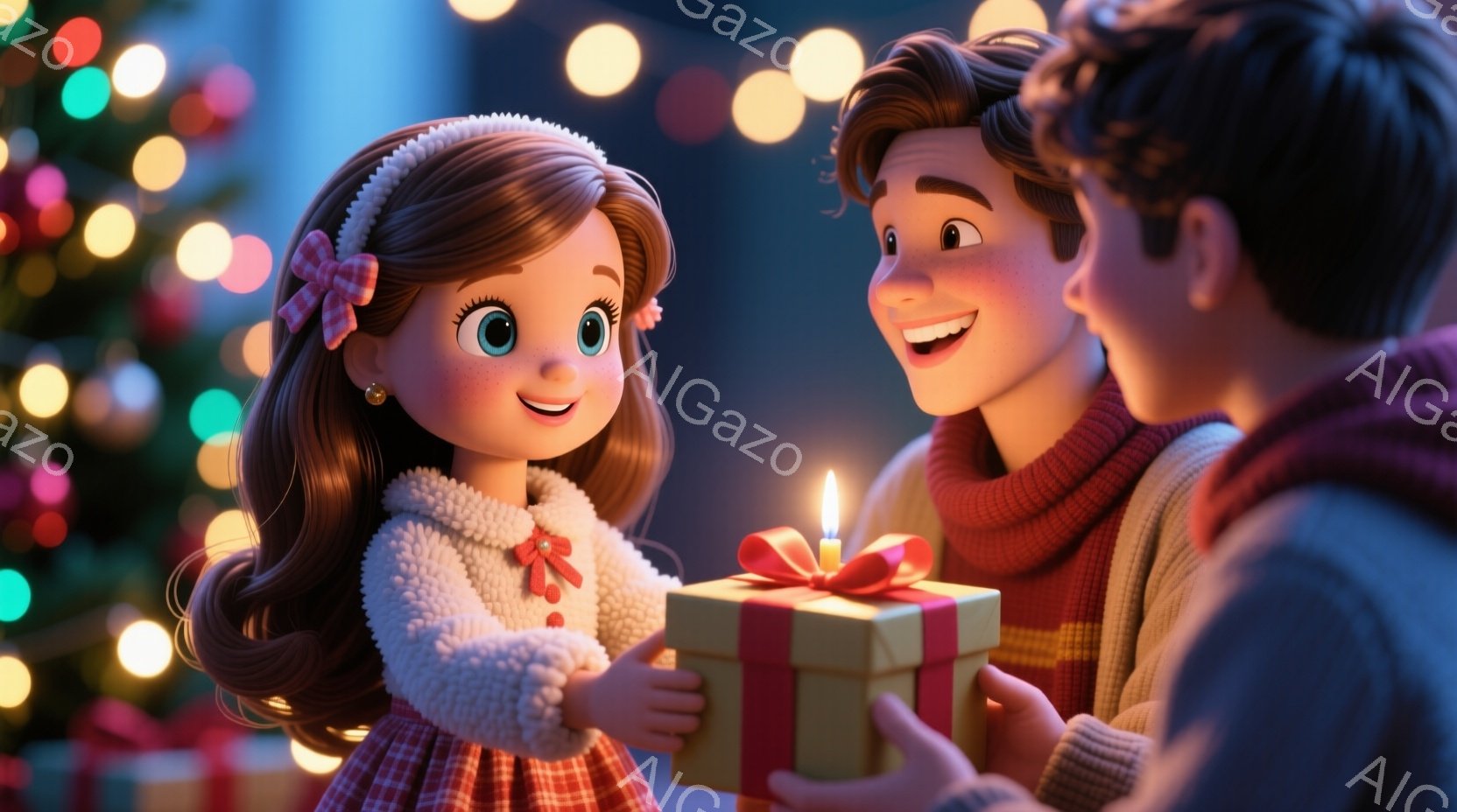 茶髪の少女は、赤いチェック柄のワンピースと白いふわふわのカーディガンを着ており、頭には赤いリボンをつけています。彼女は満面の笑みを浮かべ、両手でプレゼントの箱を受け取ろうとしています。背景には、ぼやけたクリスマスツリーと暖色系の光があり、プレゼントの箱の上の小さな蝋燭が温かい雰囲気を演出しています。