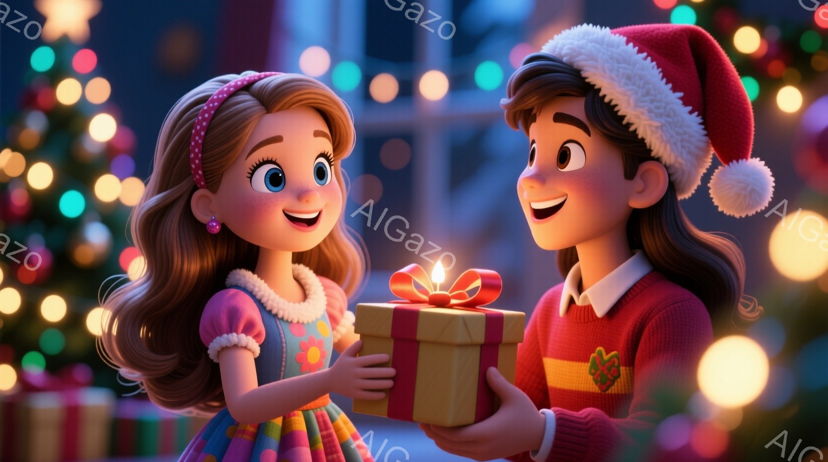 長い茶色の巻き毛の少女と、サンタ帽をかぶった少年がプレゼント交換をしているイラストです。少女はピンク色のドレスに白いカーディガンを着ており、少年は赤いセーターと白いシャツを着ています。背景にはぼやけた街並みと、たくさんの光が輝いており、温かく幸せなクリスマスの雰囲気を醸し出しています。